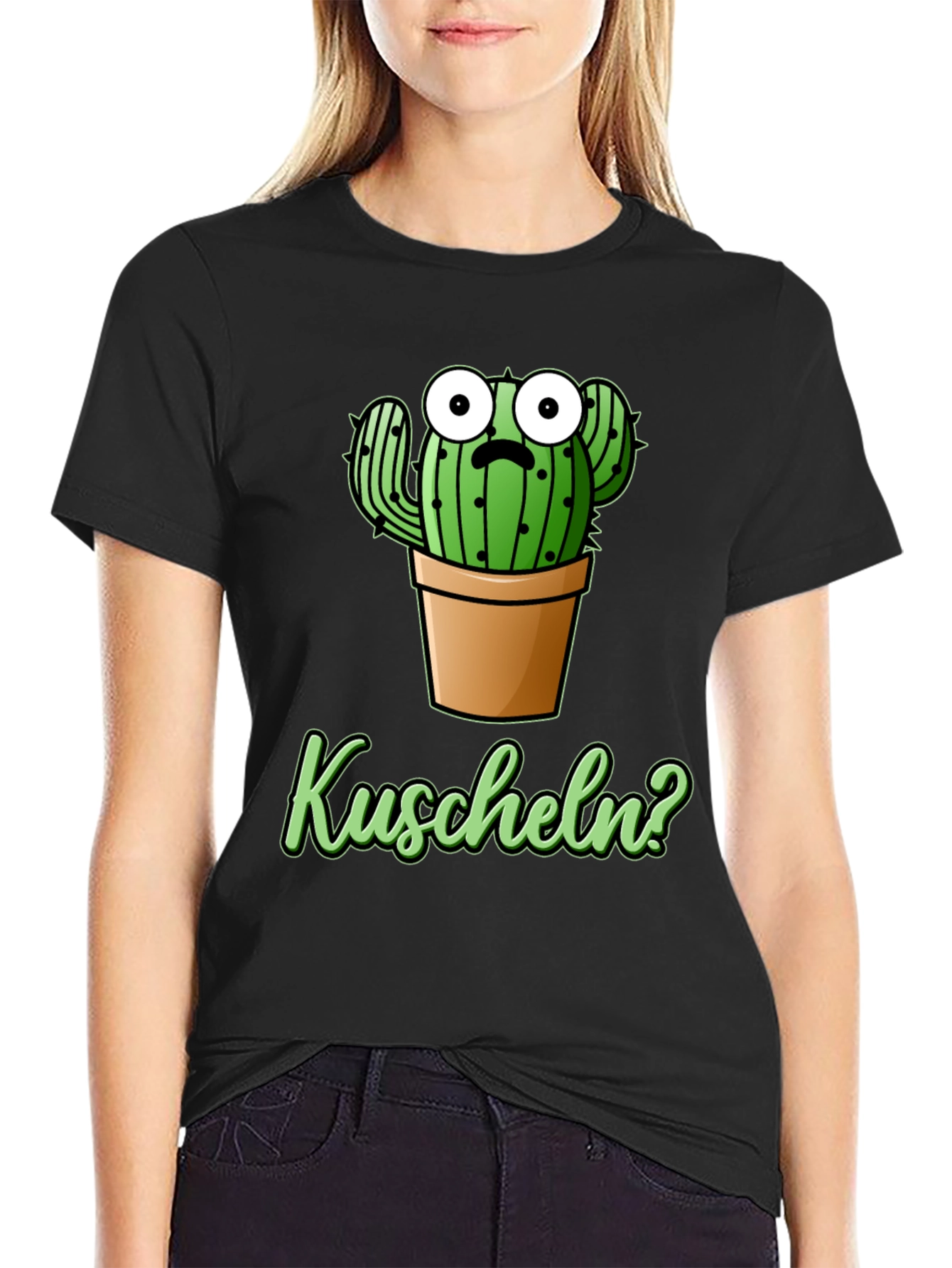 Black Cactus 'Kuscheln?' Black Graphic T-Shirt view 2