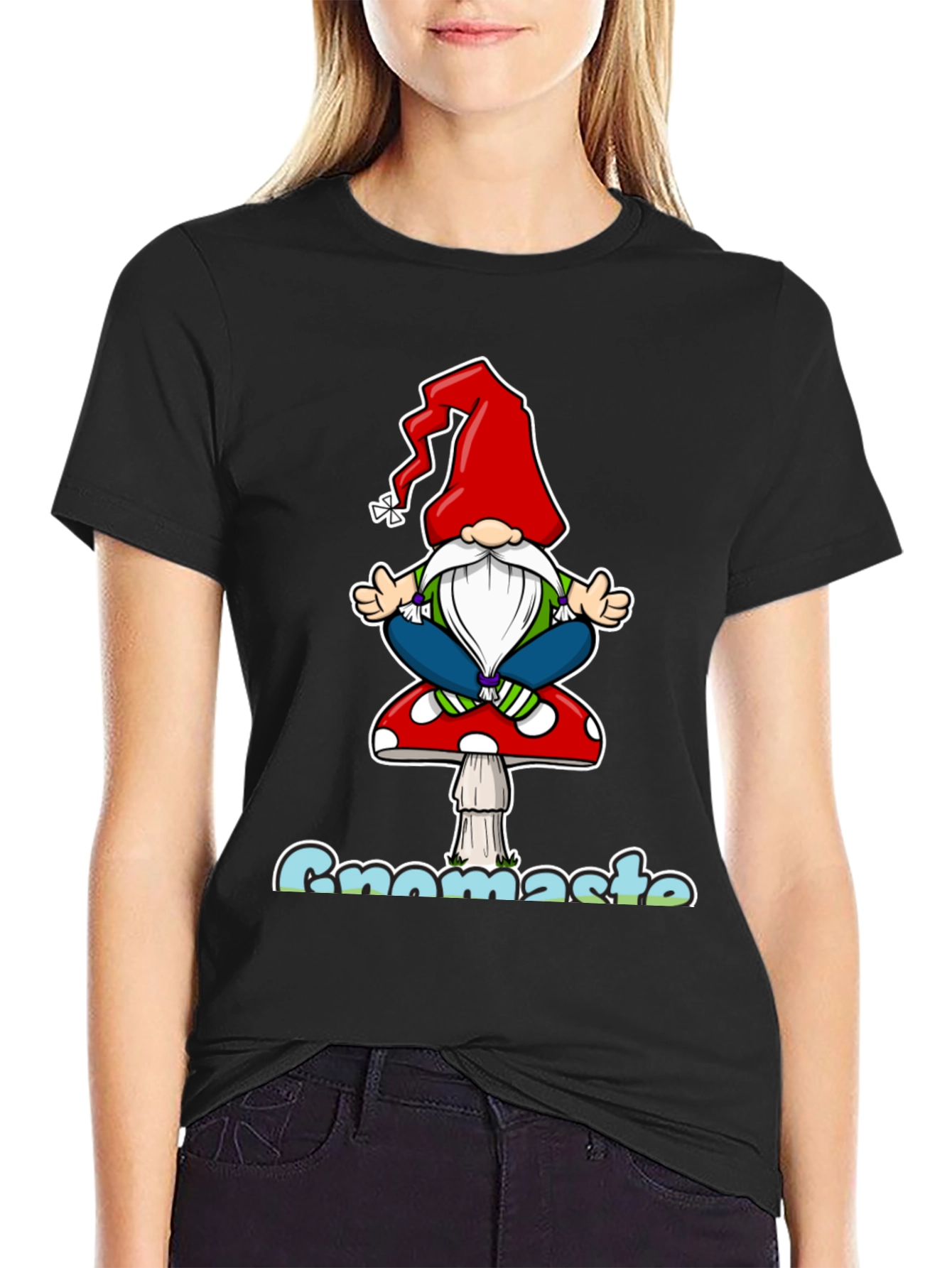 Black Gnomaste T-Shirt - Yoga Gnome on Mushroom view 2