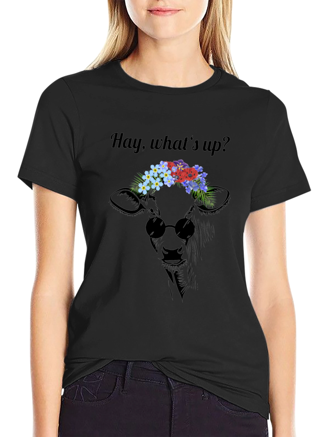 Black Cool Cow Flower Crown Graphic Tee view 2