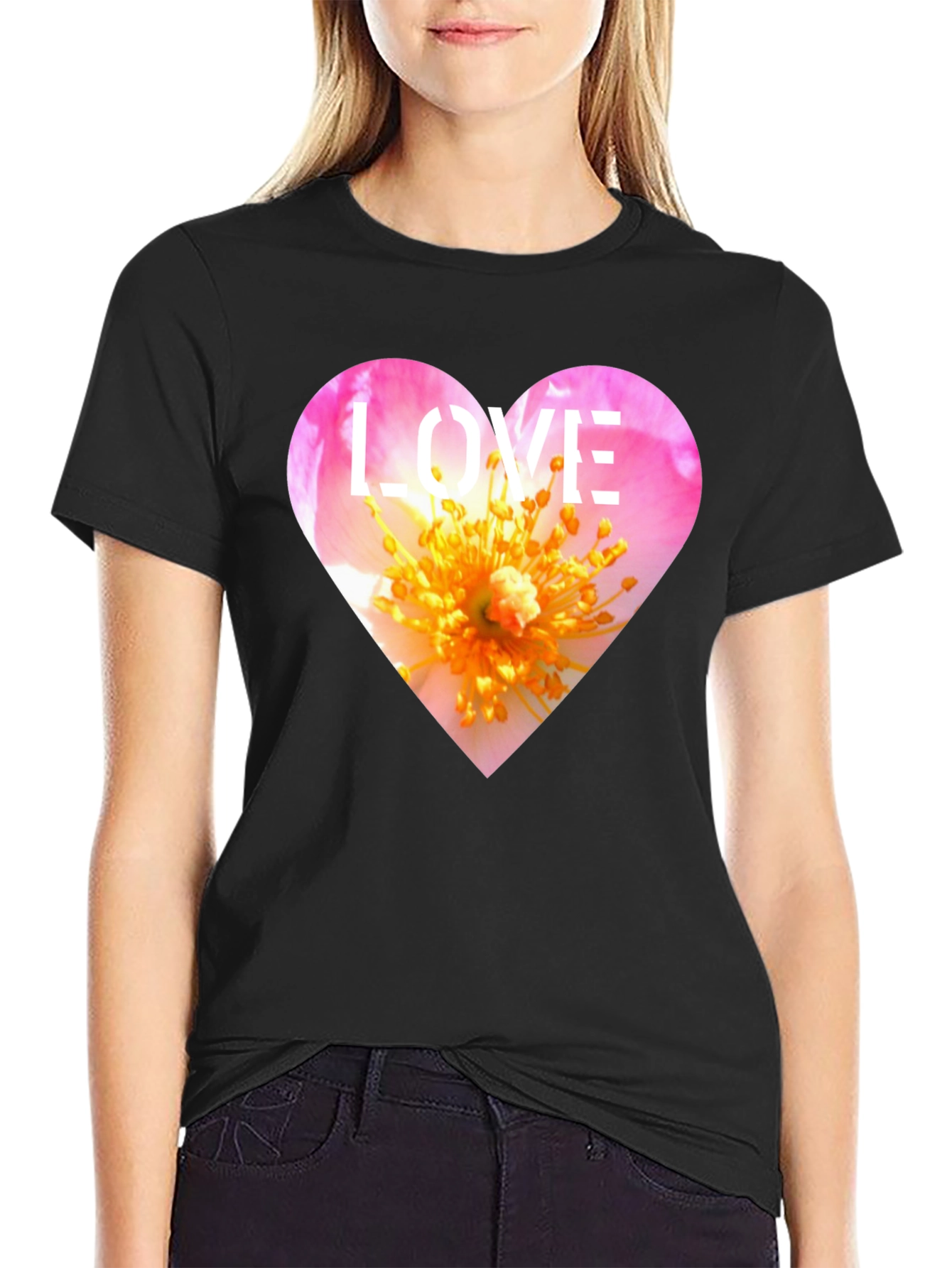 Black Love Heart Floral T-Shirt - Stylish Graphic Tee view 2
