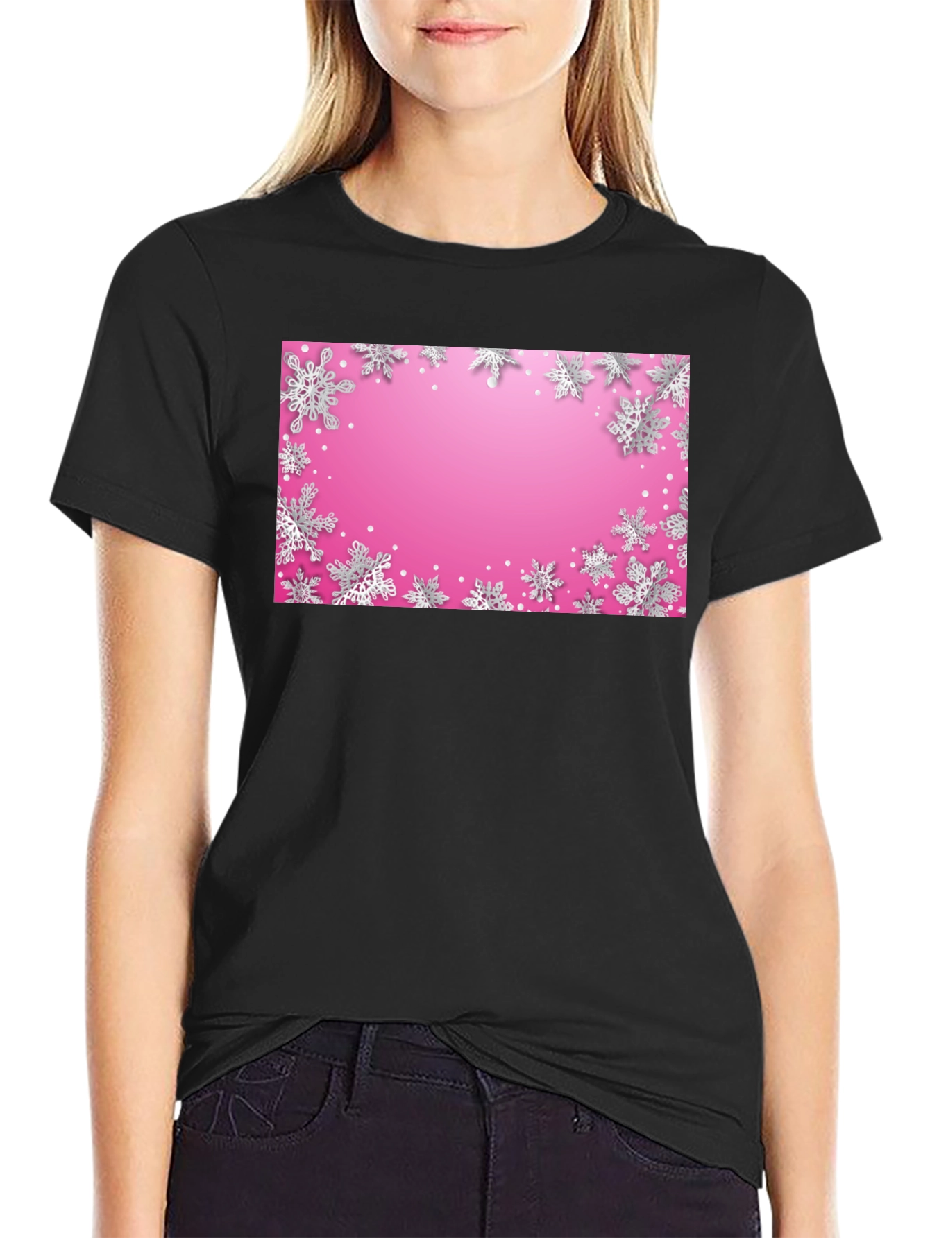 Black Snowflake Pattern Graphic Tee - Stylish Holiday Apparel view 2