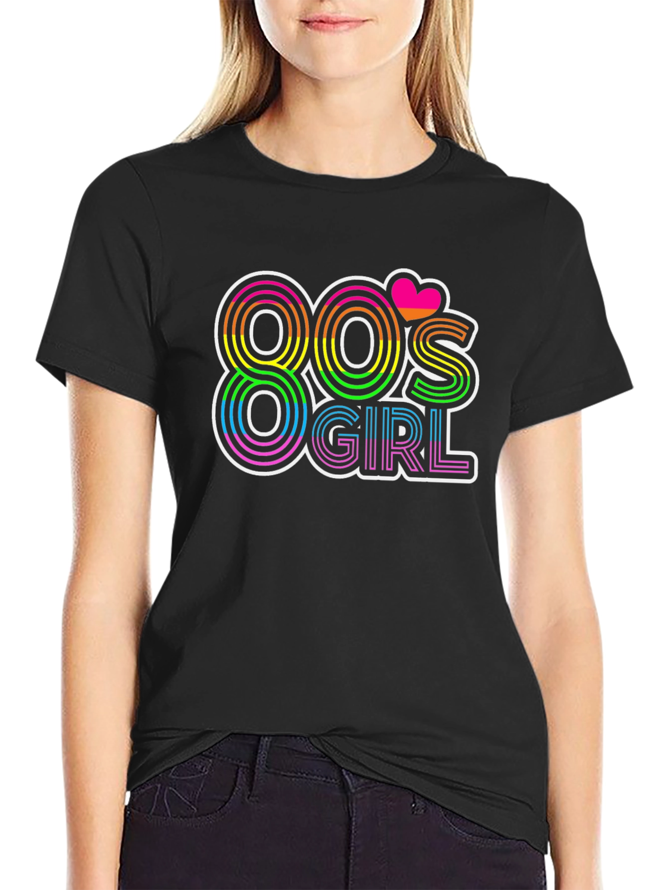 Black 80's Girl Retro T-Shirt - Rainbow Neon Design view 2
