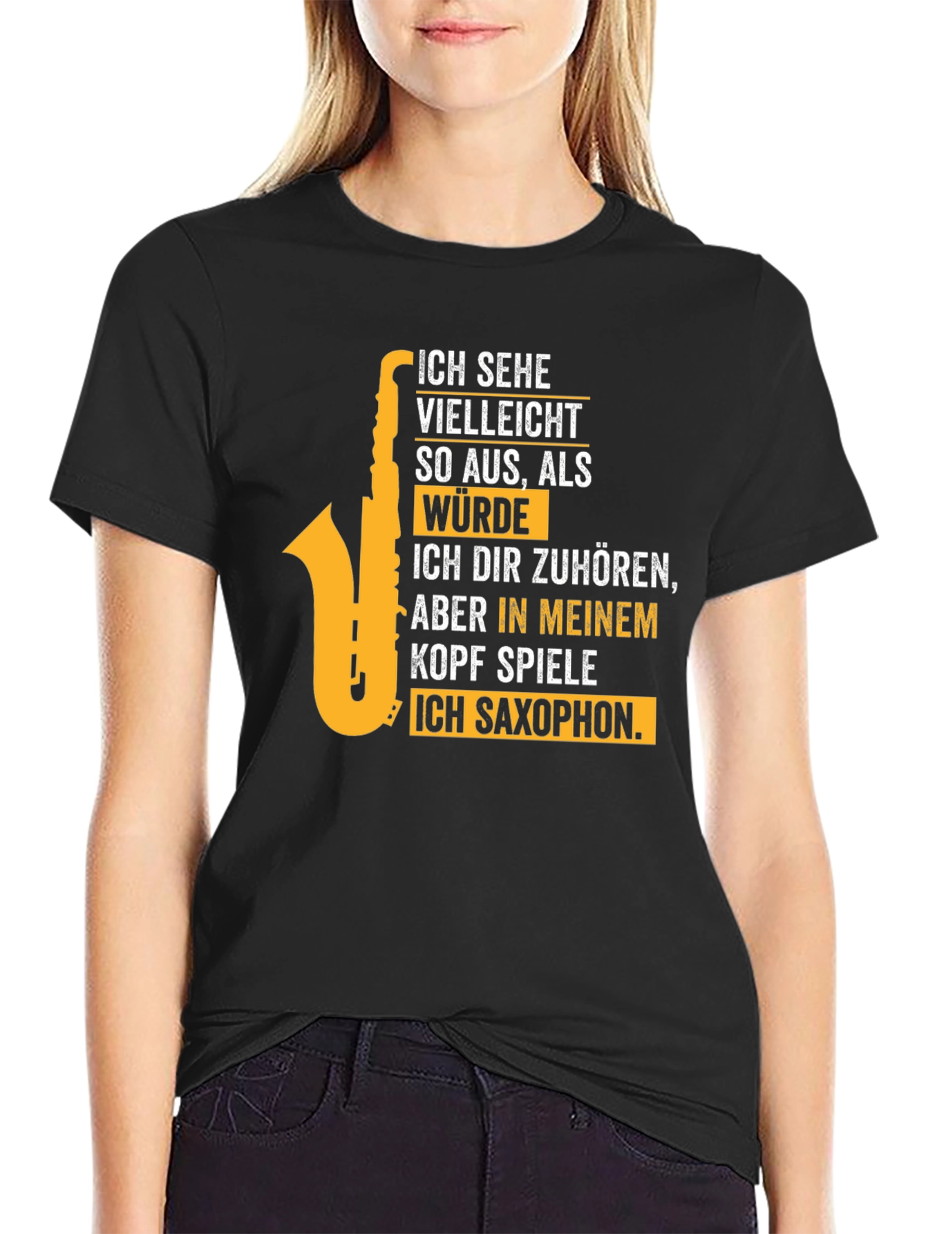 Black Saxophone Player T-Shirt - "I Play Saxophone in My Head" view 2