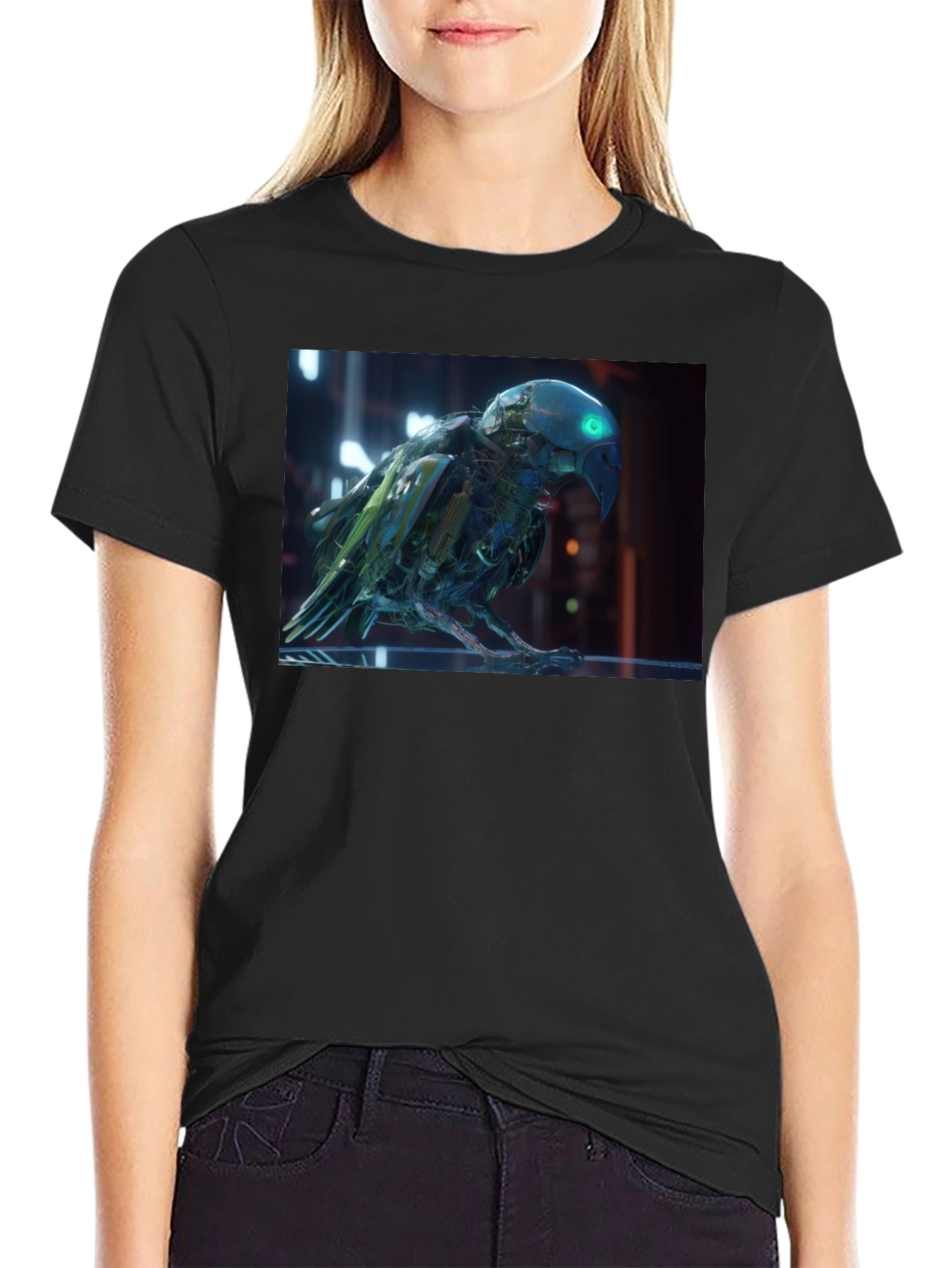 Black Cybernetic Parrot Graphic T-Shirt view 2