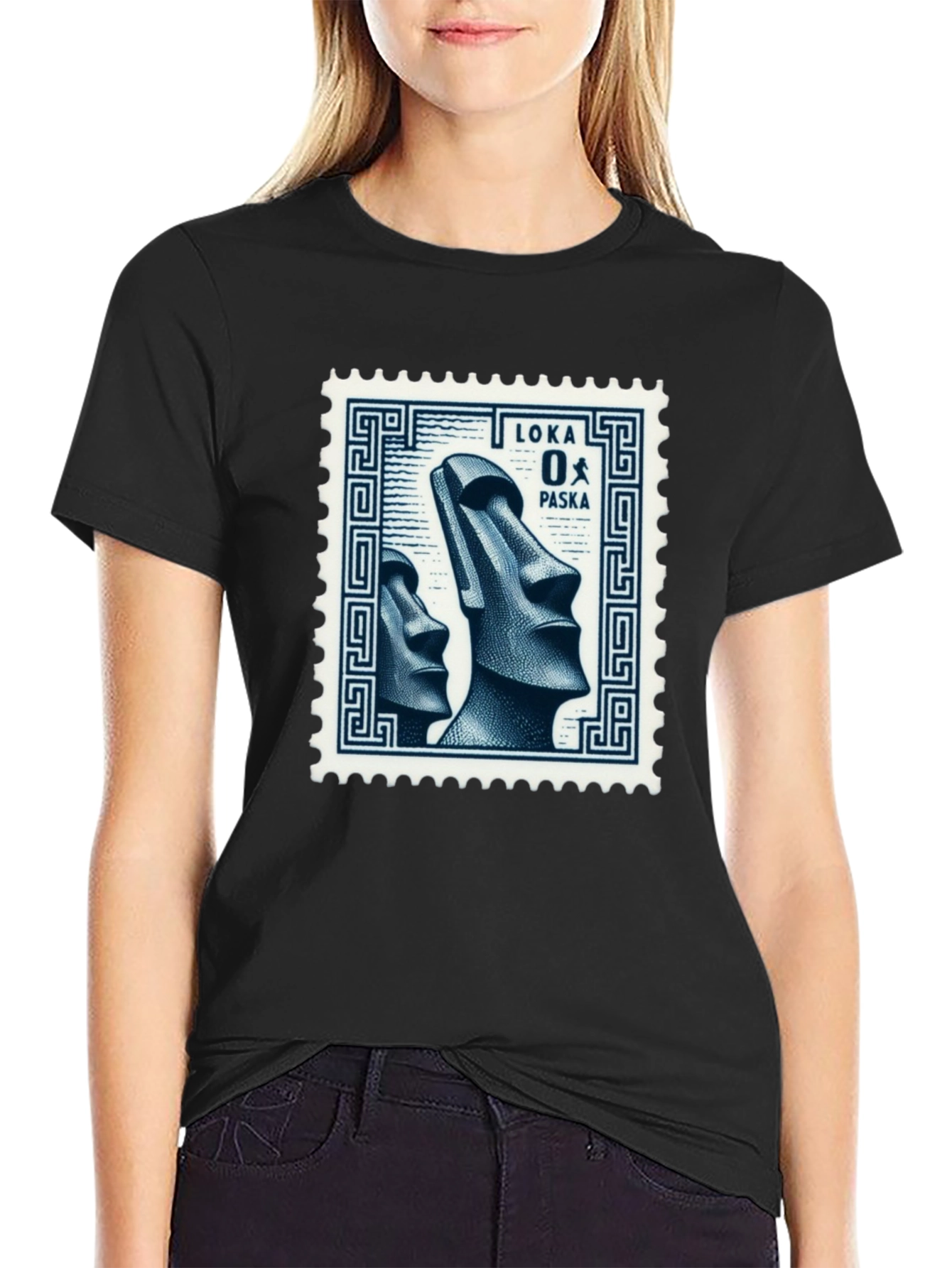 Black Moai Easter Island Stamp Graphic T-Shirt view 2
