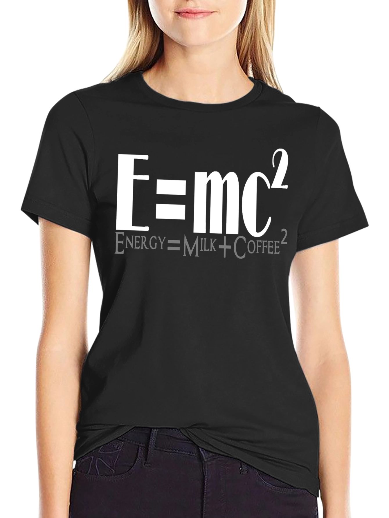 Black E=mc² Funny Science T-Shirt - Energy Equals Milk Coffee view 2