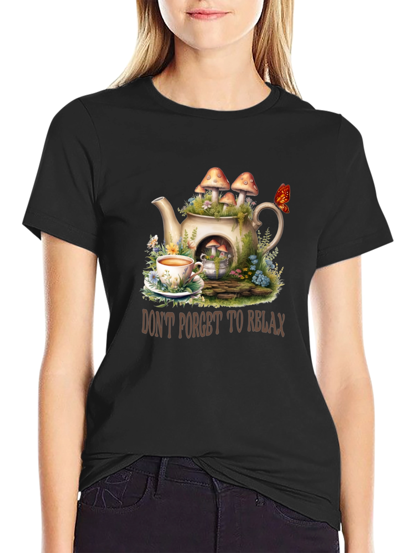 Black Relaxing Tea Party T-Shirt - Mushroom Teapot Design view 2