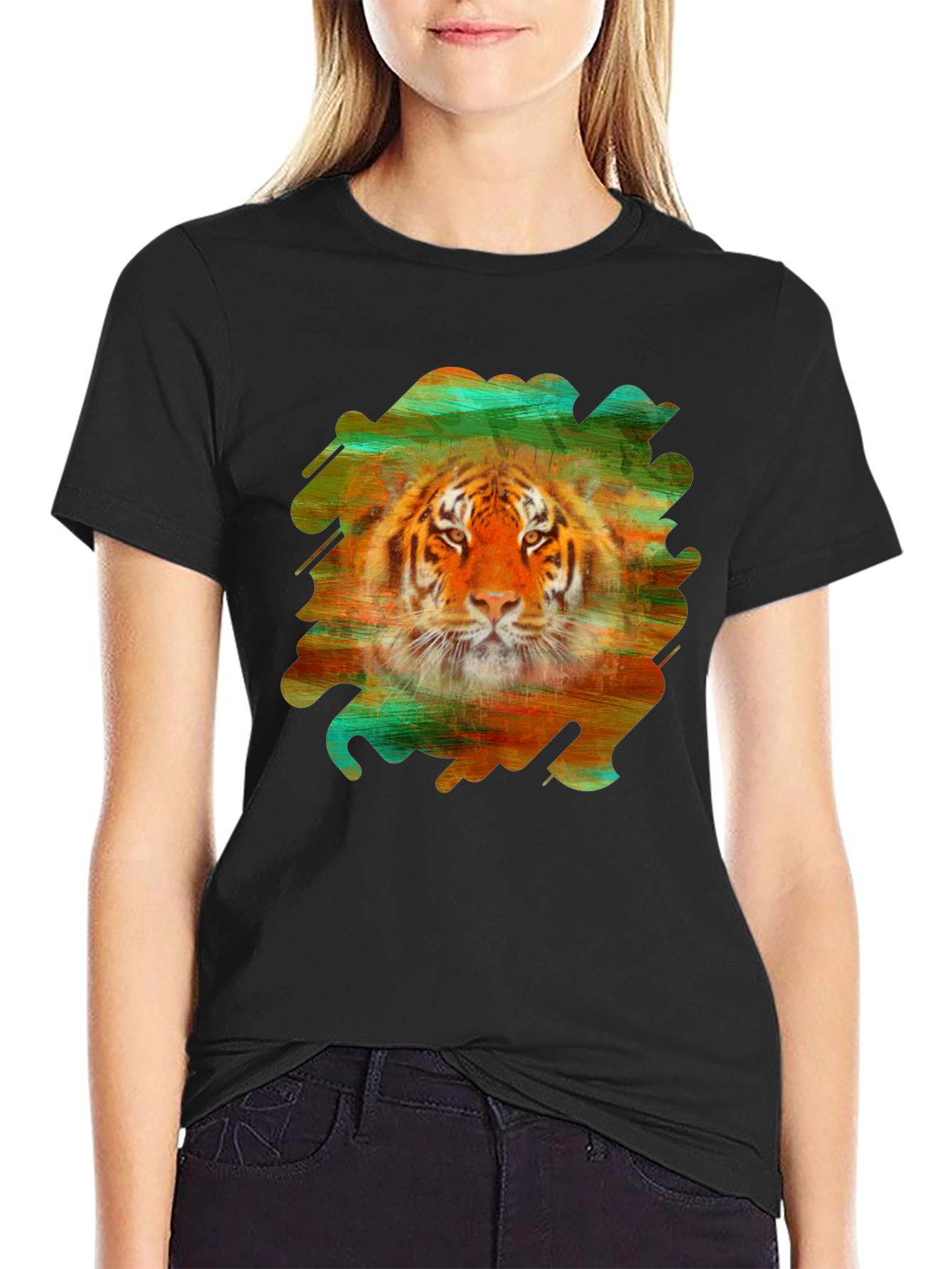 Black Tiger Graphic Tee - Brushstroke Design Black T-Shirt view 2