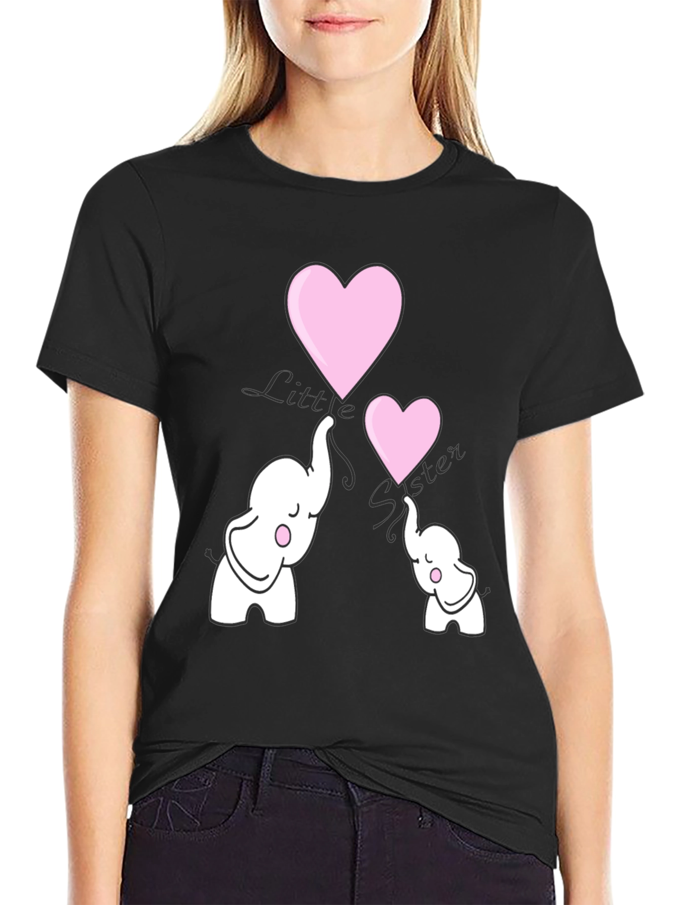 Black Cute Elephant Heart Graphic Tee - Black view 2