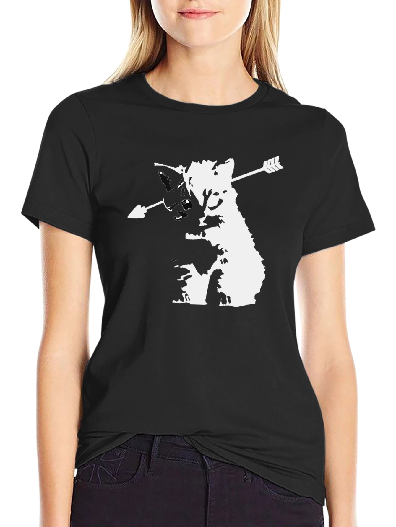 Black Arrow Cat Graphic Tee - Black Cotton T-Shirt view 2