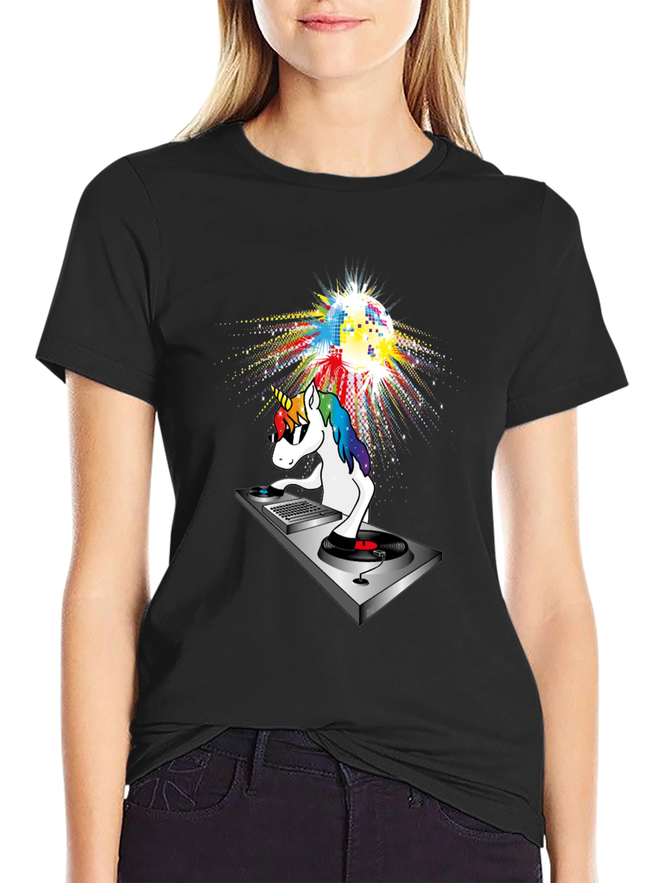Black DJ Unicorn T-Shirt: Colorful Disco Party! view 2
