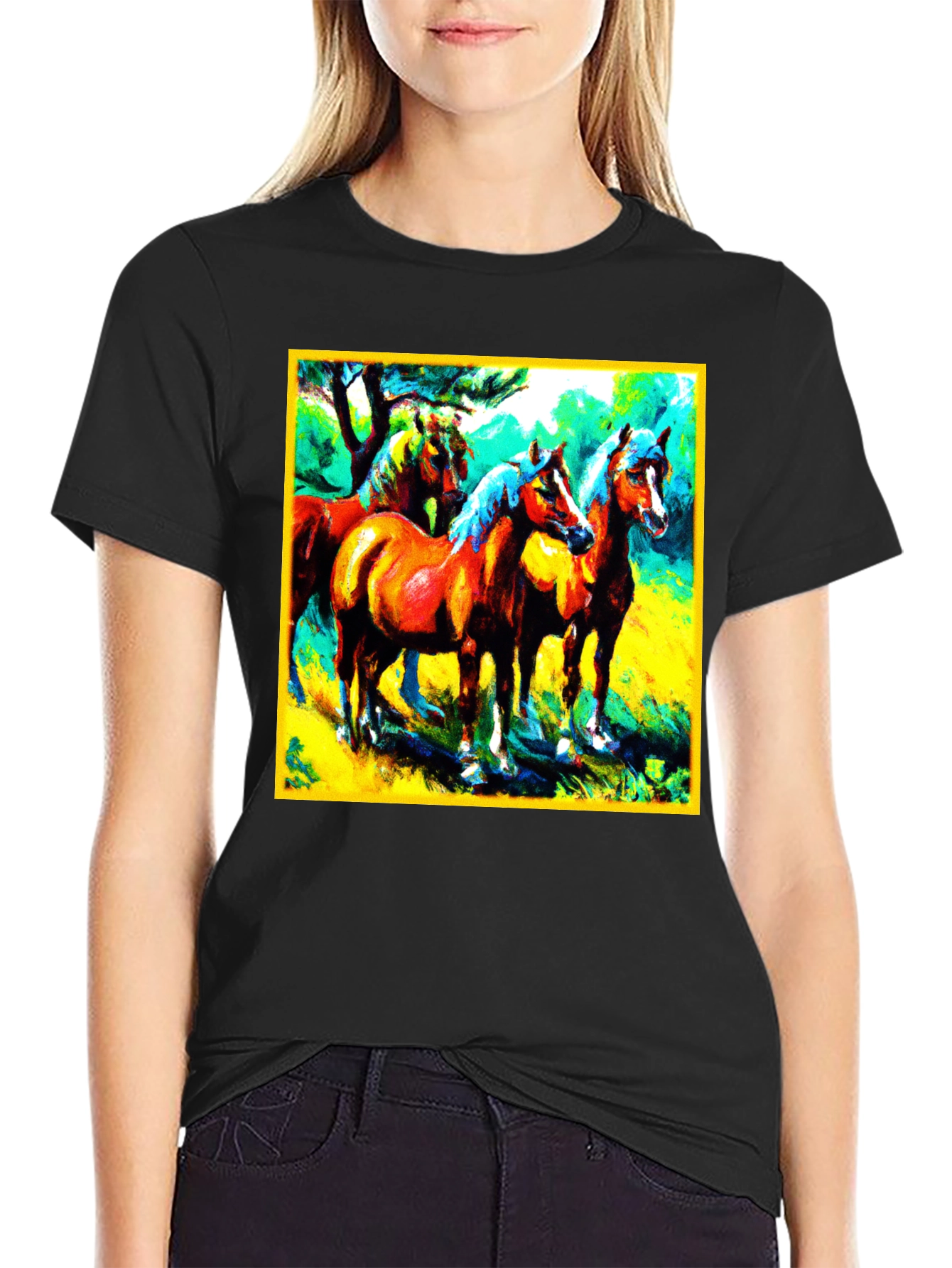 Black Horse Painting Graphic Tee - Men's Black T-Shirt view 2