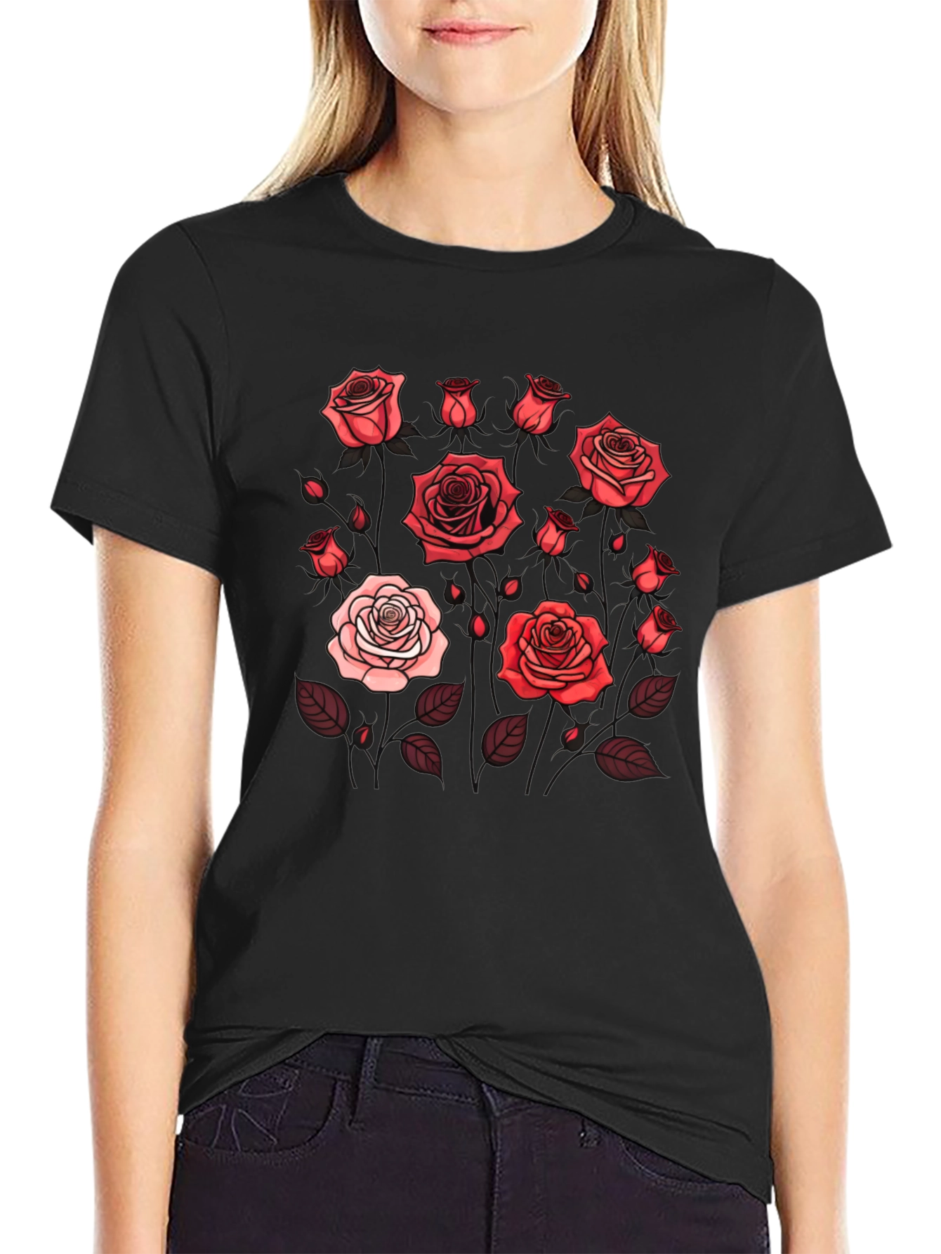 Black Floral Rose Print T-Shirt - Black view 2