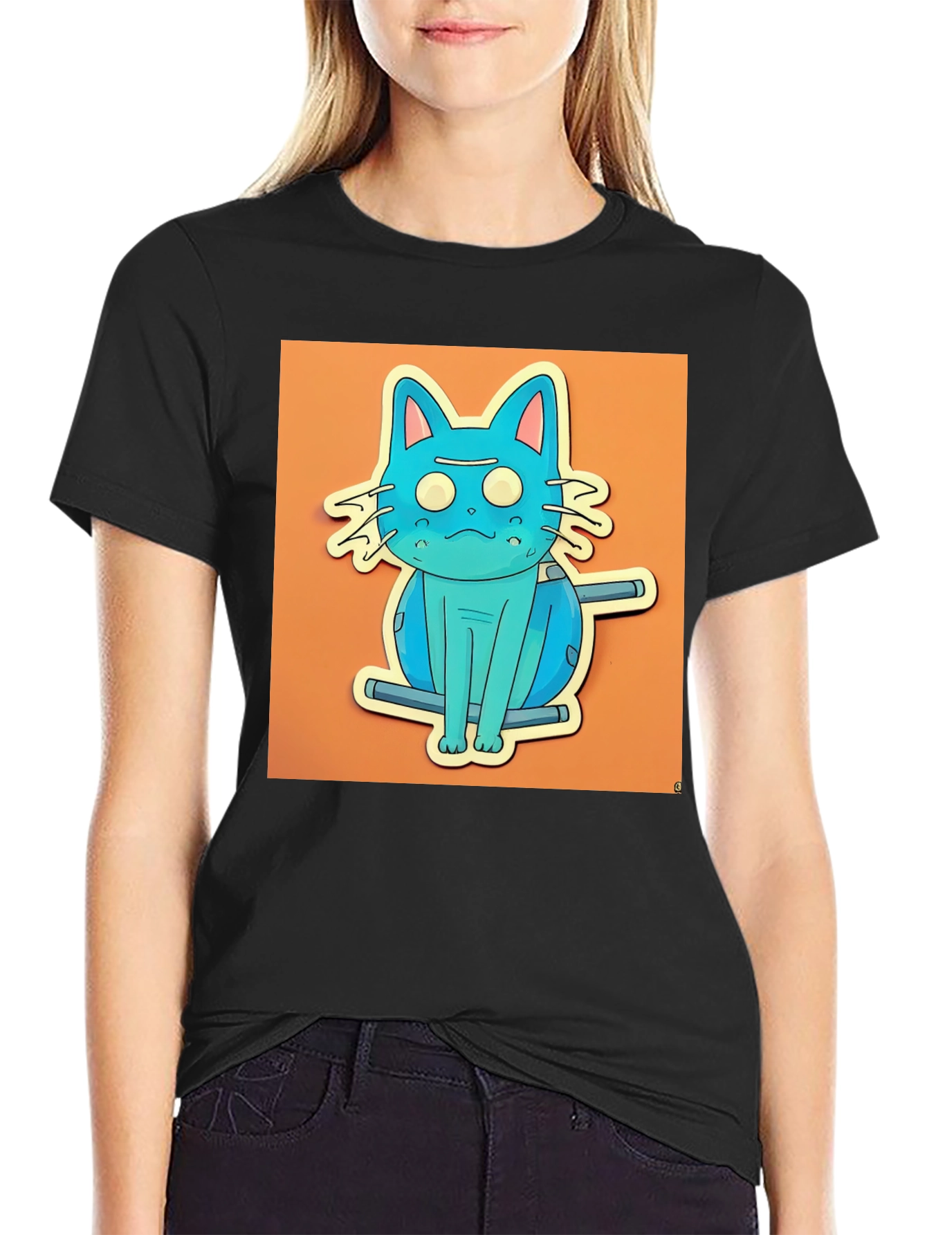 Black Blue Cat T-Shirt - Funky Cartoon Style view 2