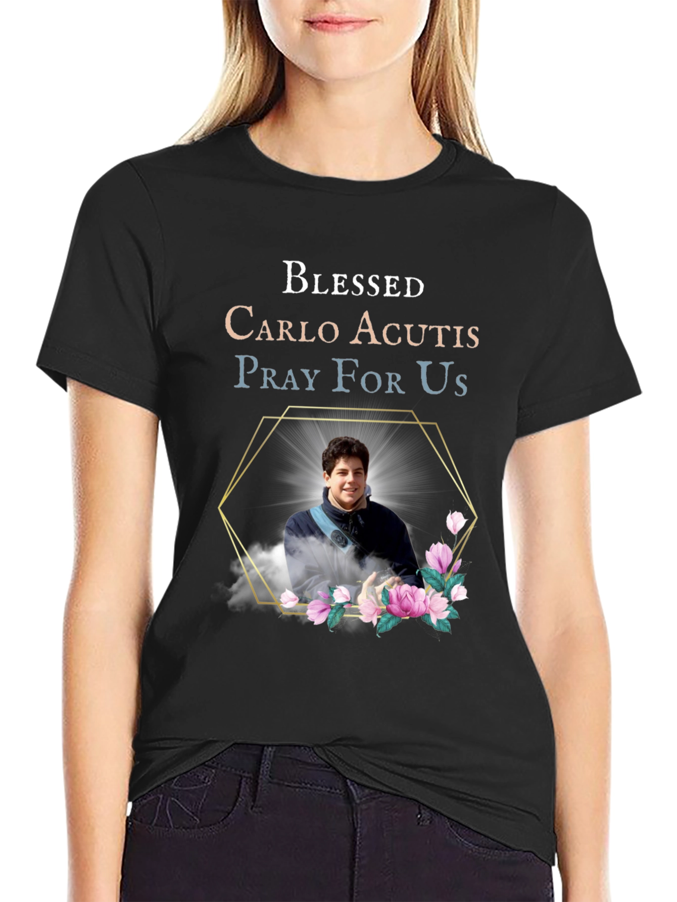 Black Blessed Carlo Acutis Pray For Us Black T-Shirt view 2