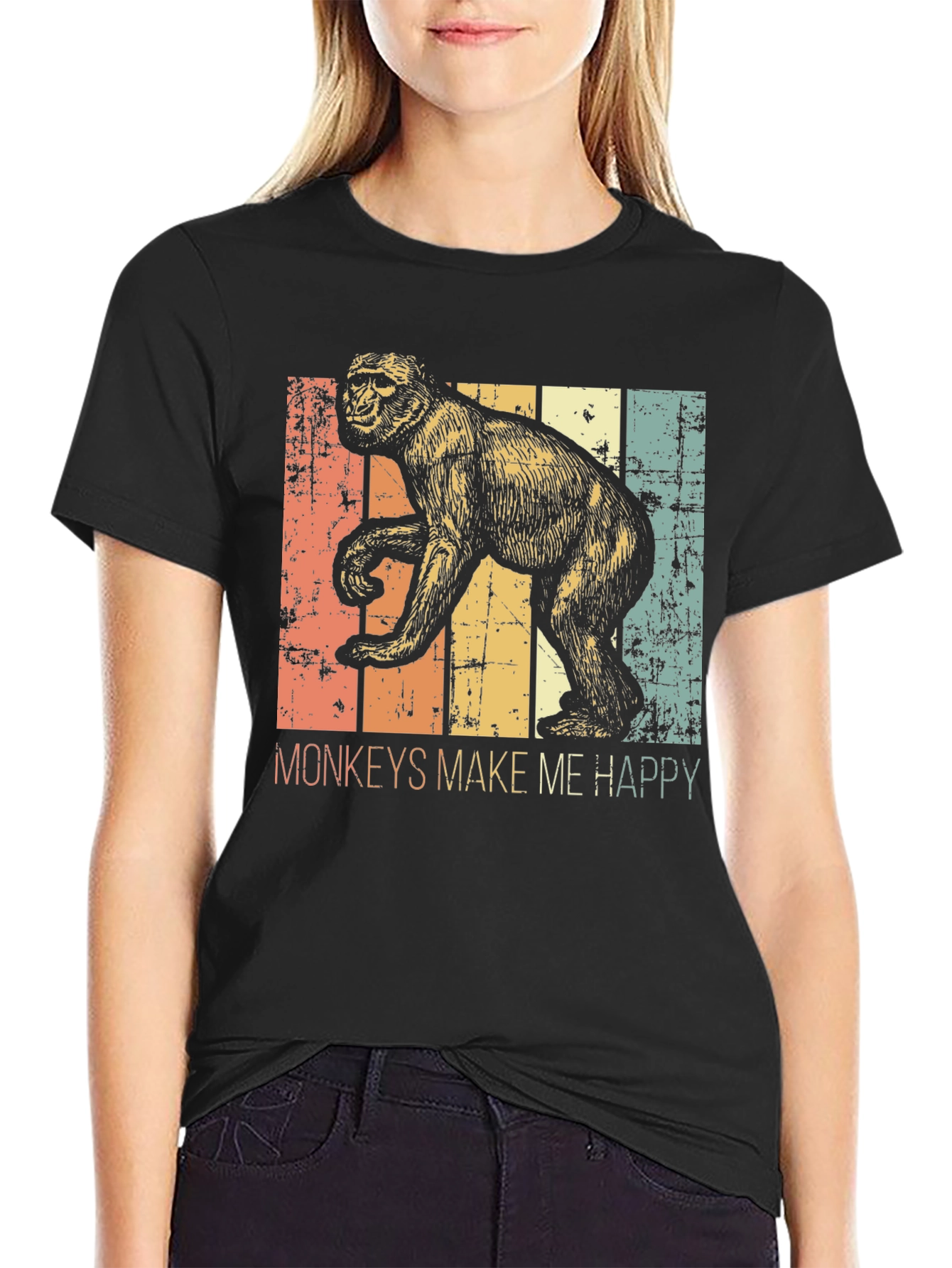 Black Vintage Monkeys Make Me Happy Graphic Tee view 2