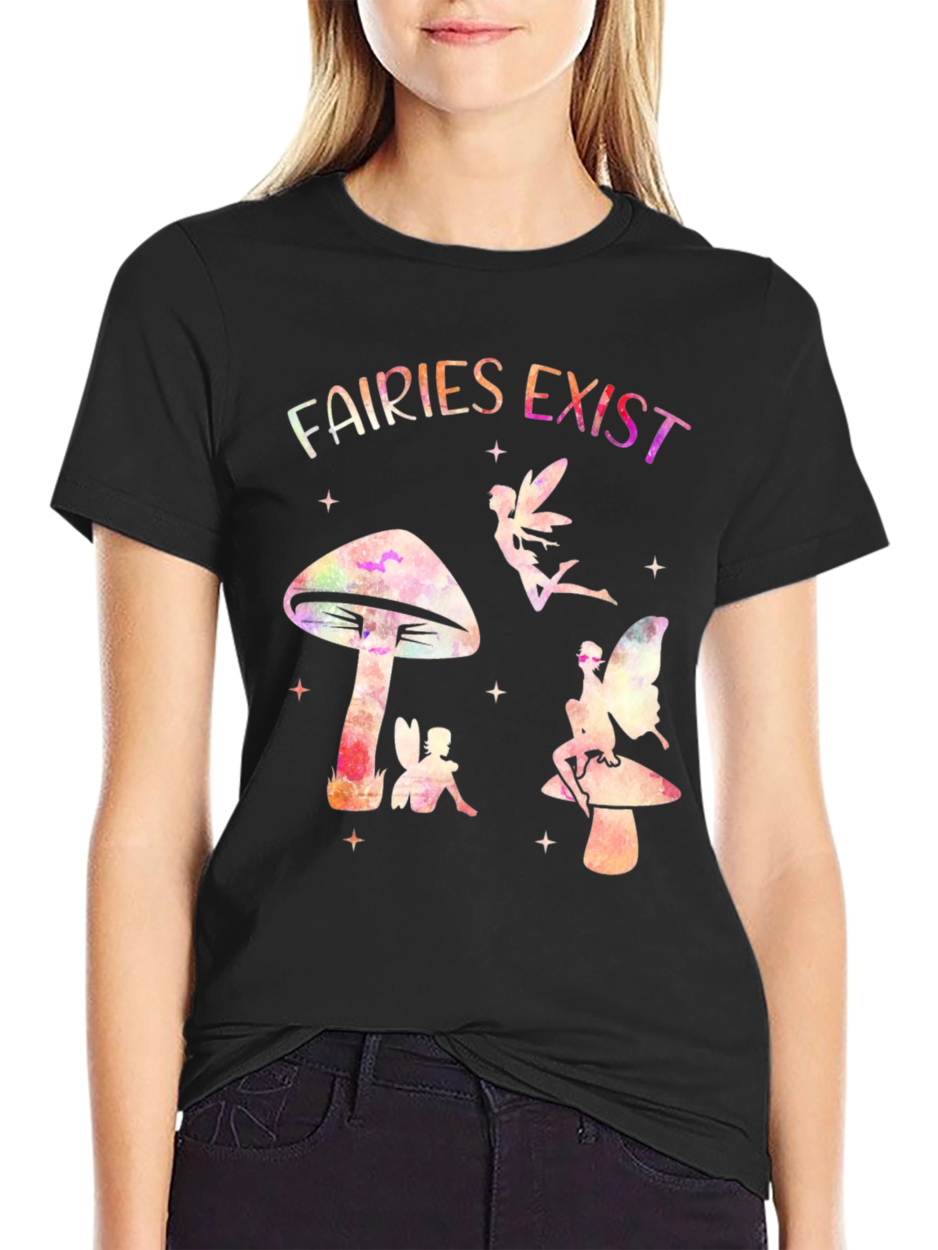 Black Fairies Exist Graphic Tee - Mushroom Fairycore Shirt view 2