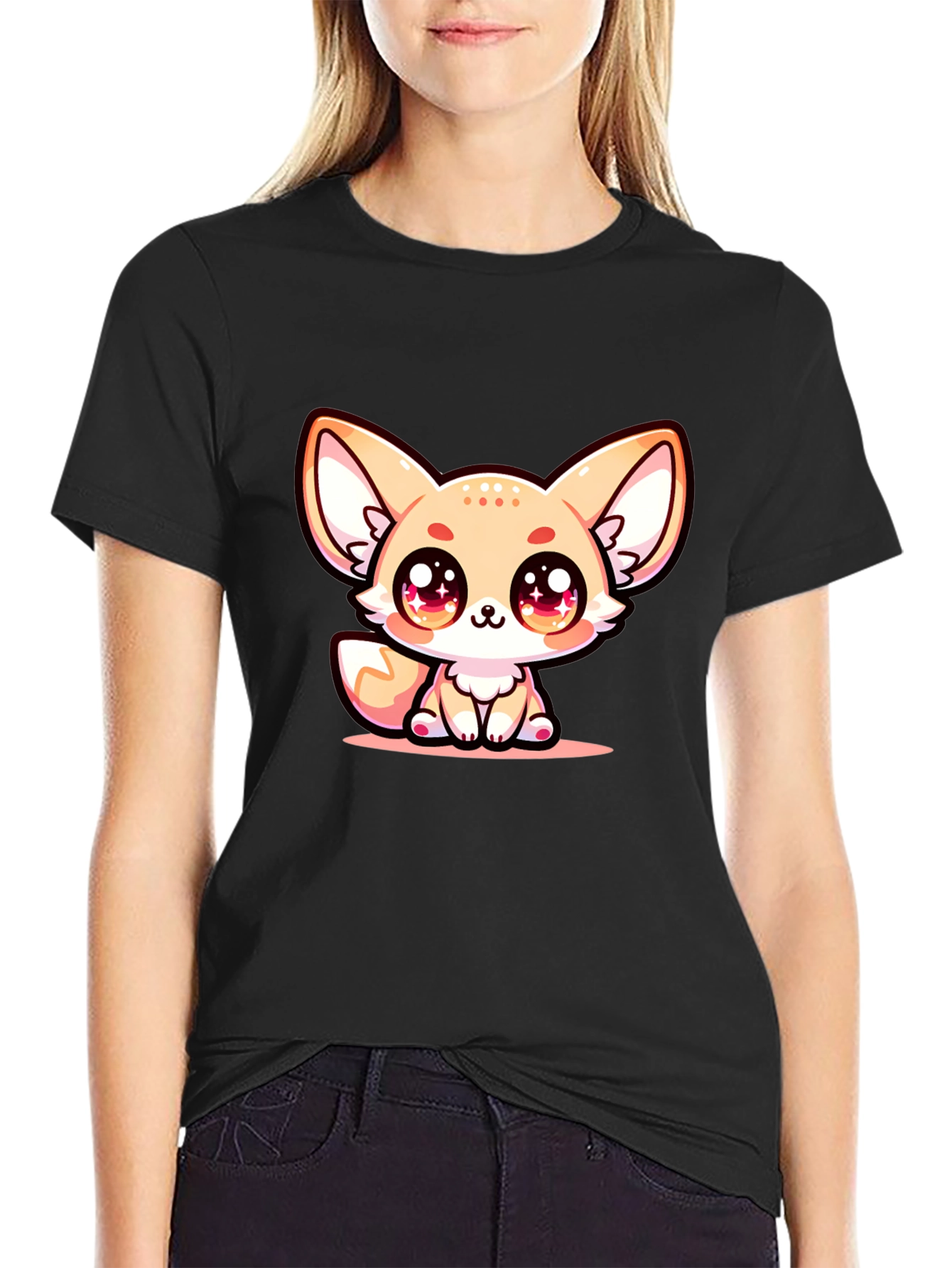 Black Cute Fennec Fox Graphic Tee - Black Cotton Blend view 2