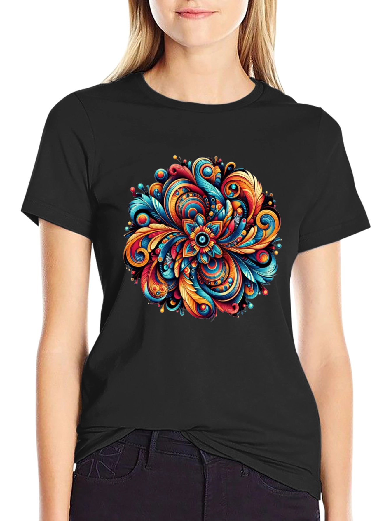 Black Vibrant Floral Mandala Graphic Tee - Black Cotton Comfort view 2