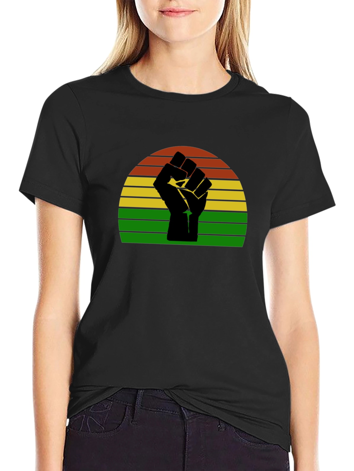 Black Black Power Fist T-Shirt - Retro Sunset Design view 2