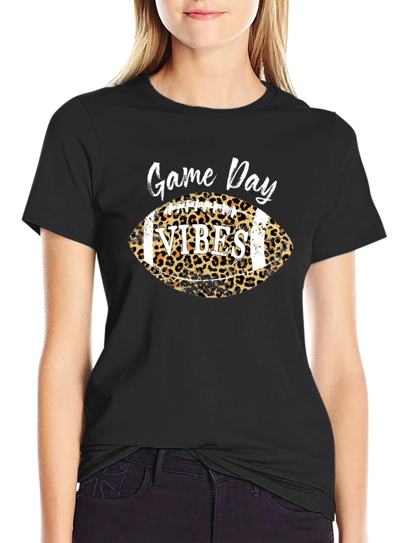Black Game Day Vibes Football Leopard Print T-Shirt view 2