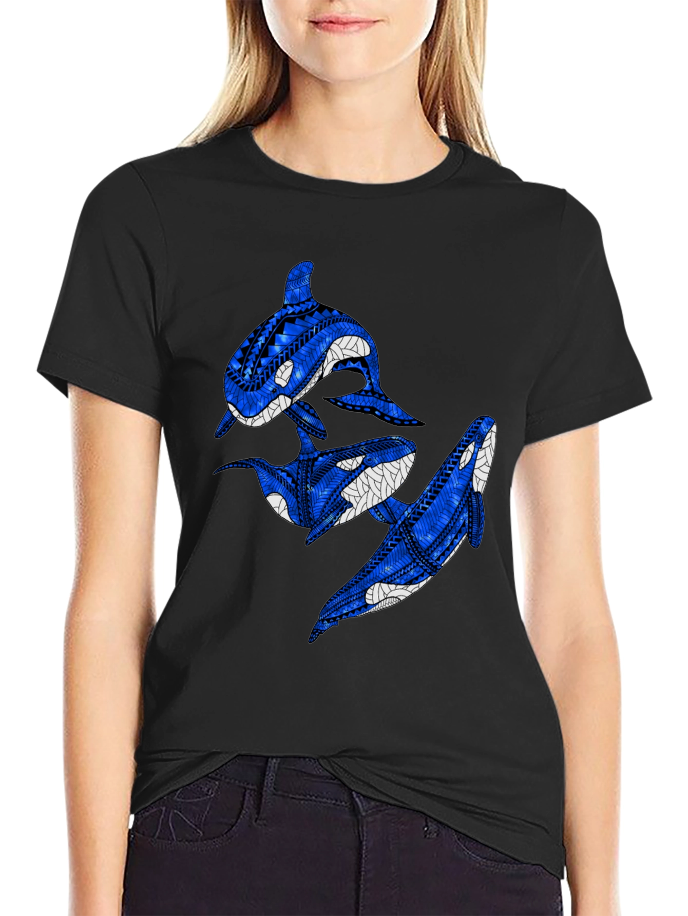 Tribal Orca Whale Black Graphic Tee - 2