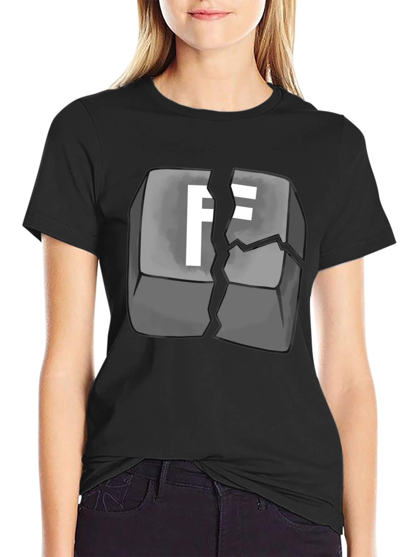 Black Cracked Keyboard Key F Graphic T-Shirt view 2
