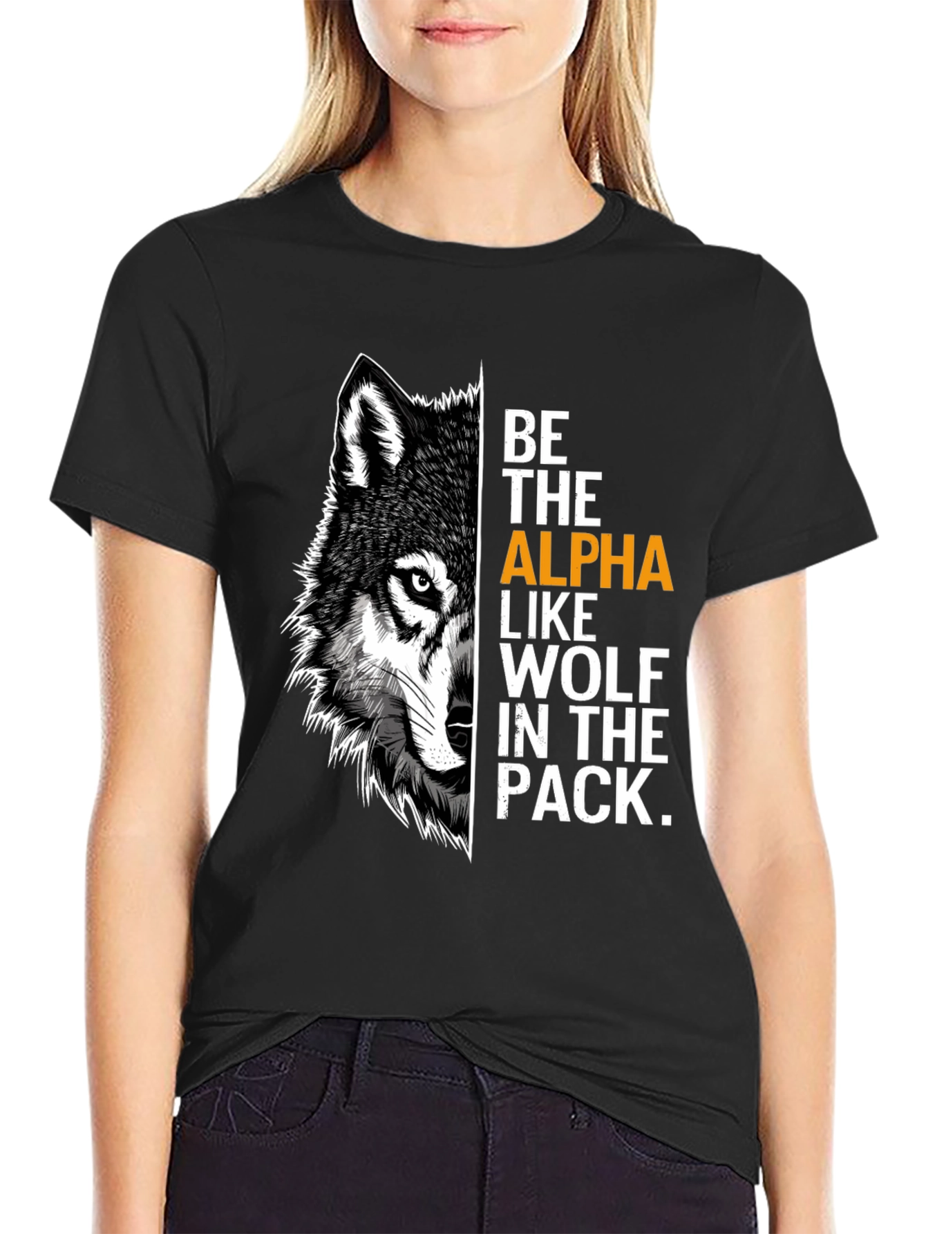 Black Be the Alpha Wolf Graphic Print T-Shirt view 2