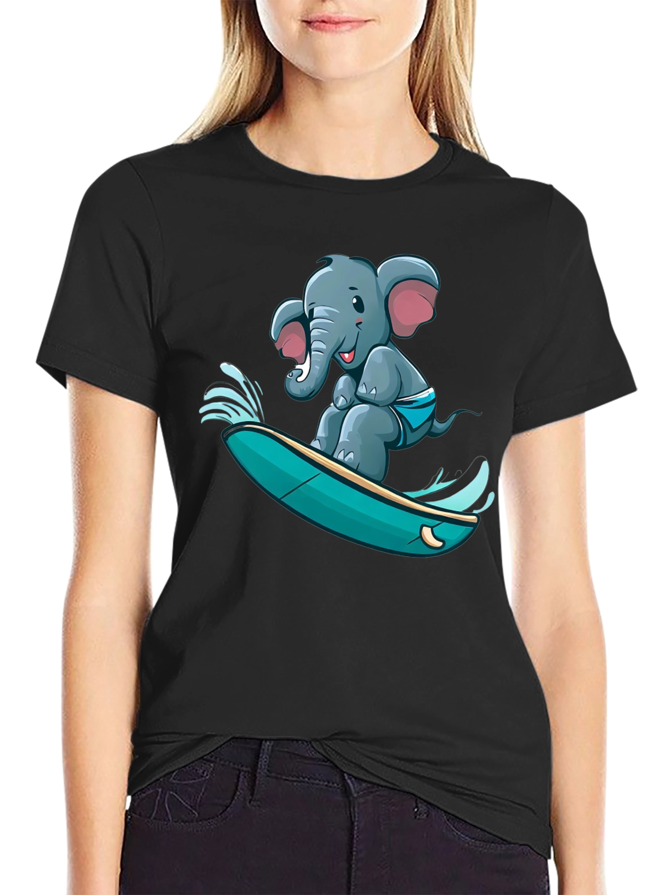 Black Surfing Elephant T-Shirt - Unique Cartoon Design view 2
