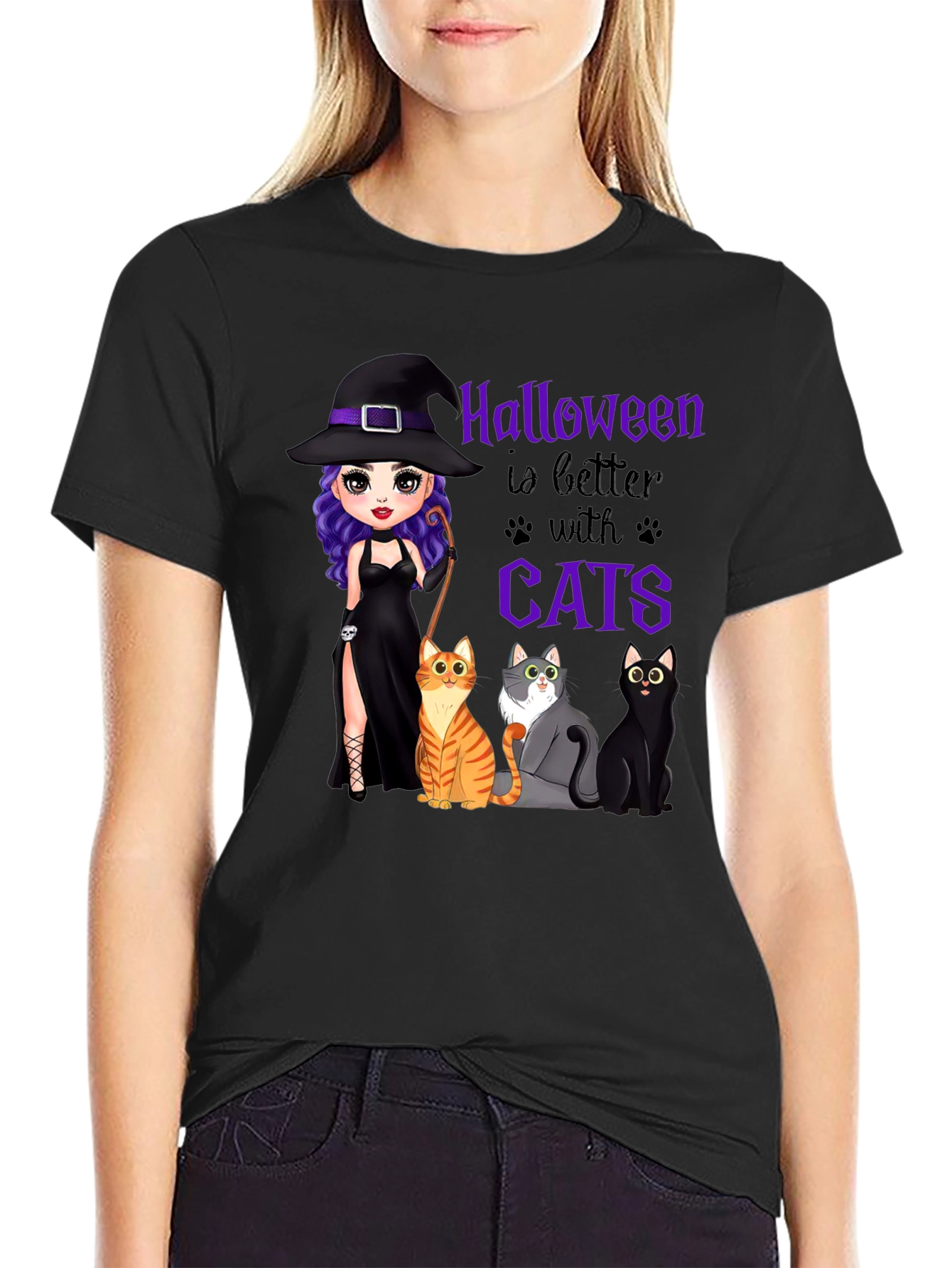 Black Halloween Witch and Cats T-Shirt view 2