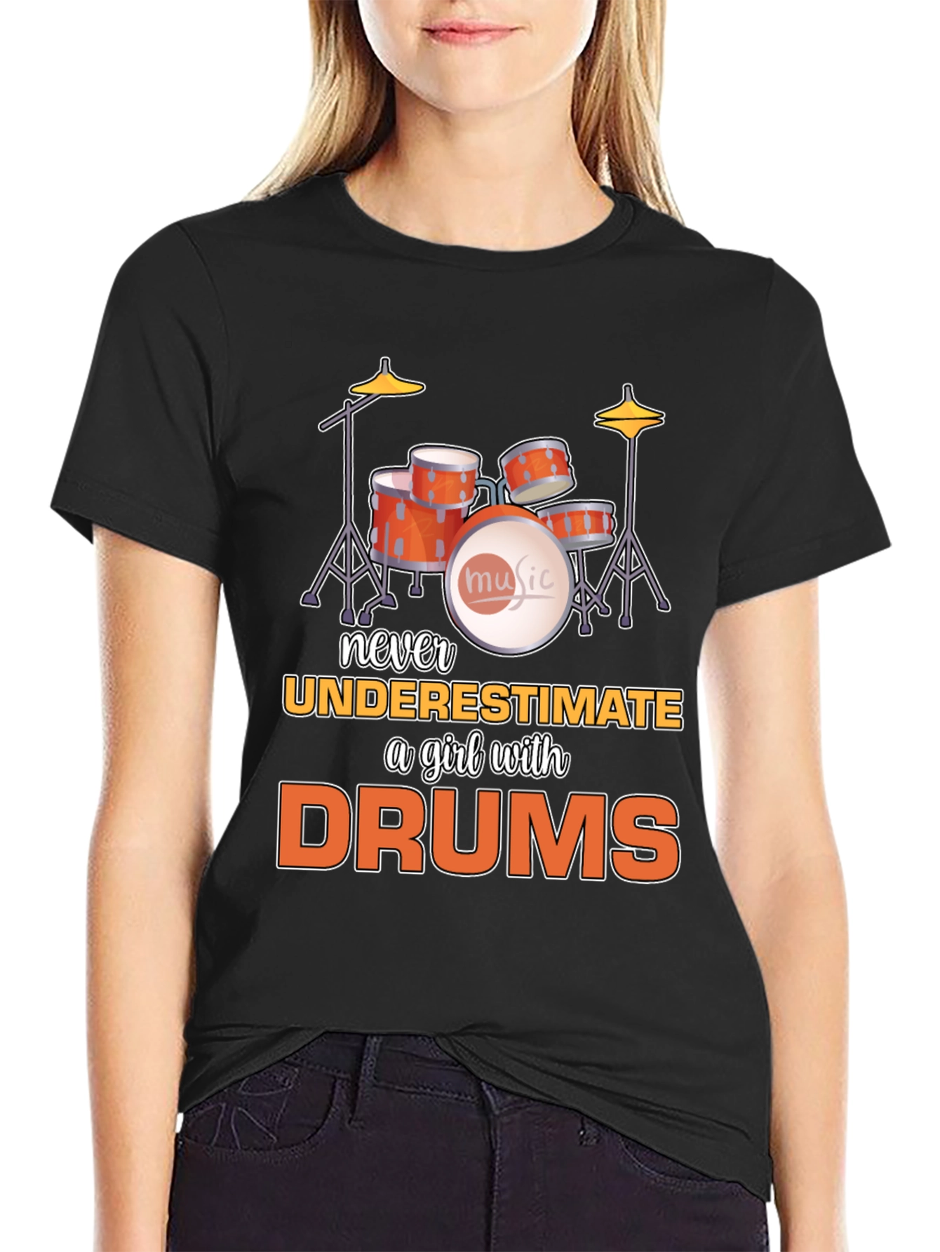 Black Never Underestimate a Girl with Drums T-Shirt view 2