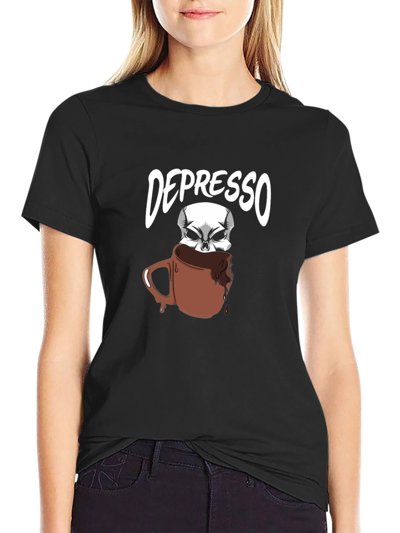 Black Depresso T-Shirt - Funny Skull Coffee Design view 2