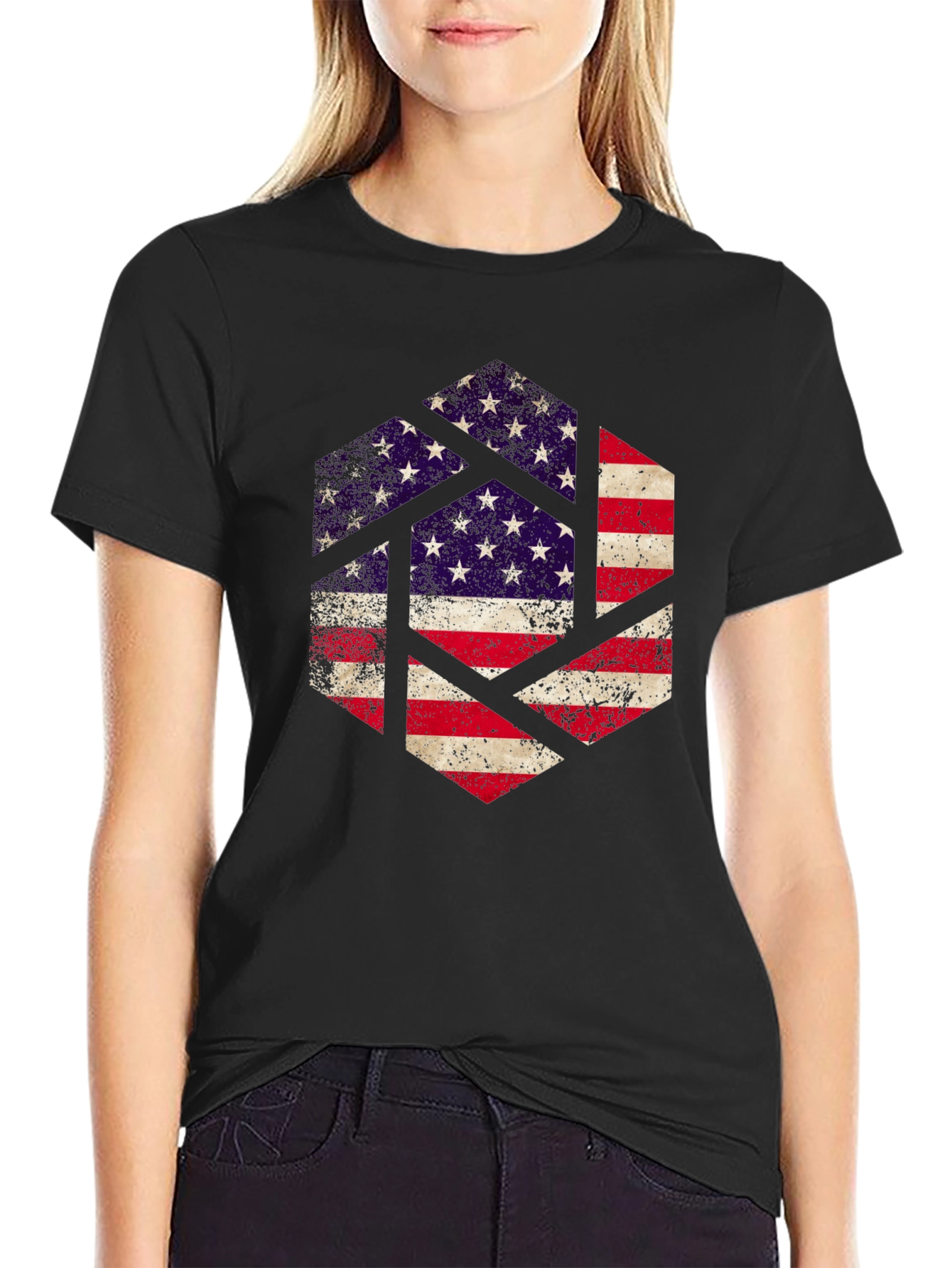 Black American Flag Hexagon Graphic Tee - Patriotic Design view 2