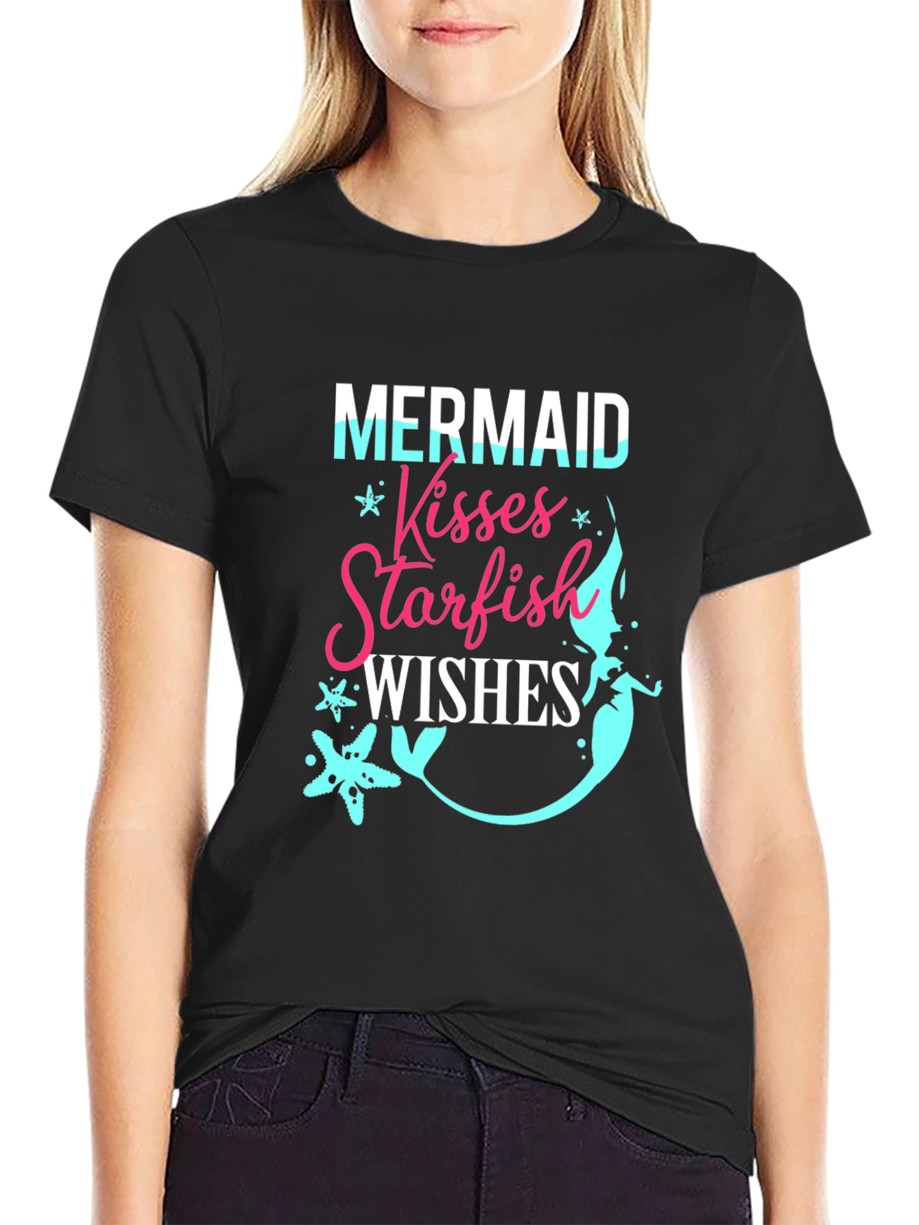 Black Mermaid Kisses Starfish Wishes Graphic T-Shirt view 2