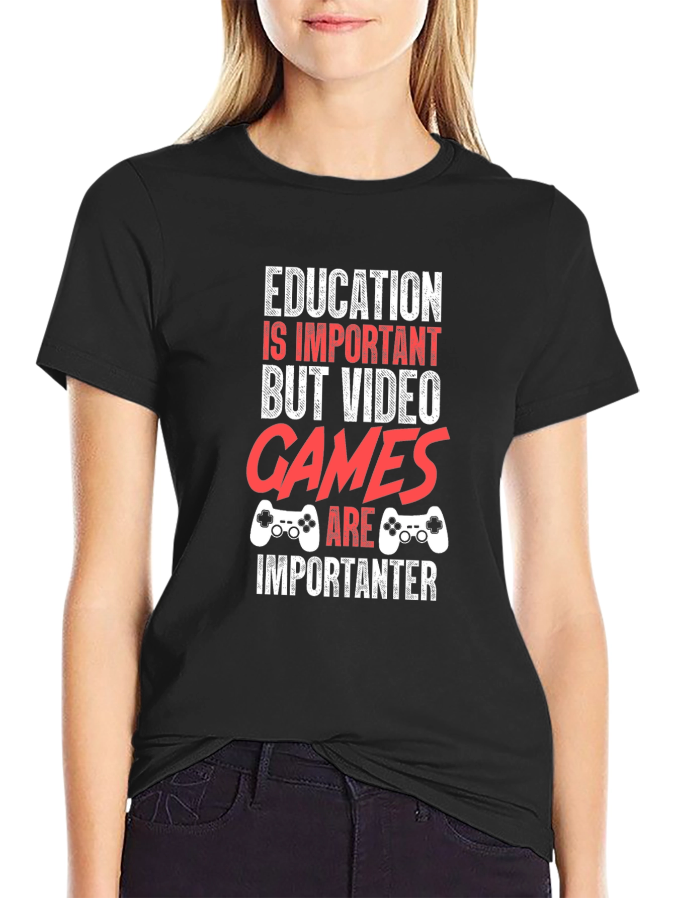 Black Funny Gamer T-Shirt - Education vs. Video Games view 2