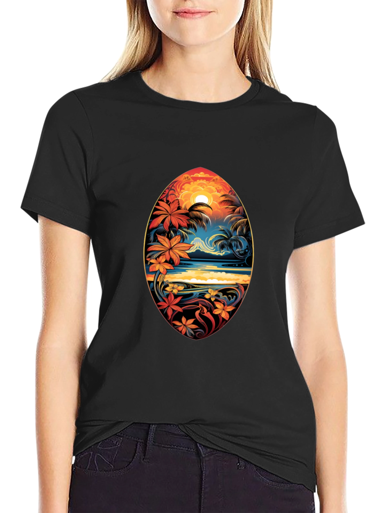 Black Tropical Island Surfboard Design Black T-Shirt view 2