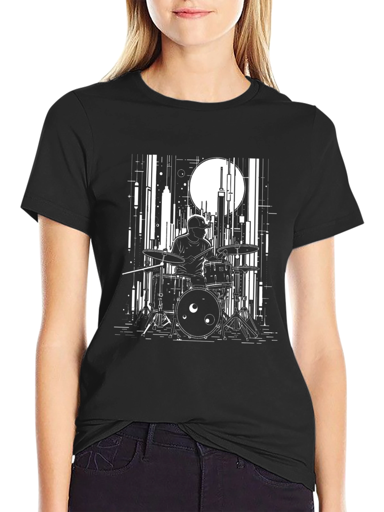 Black Drummer Cityscape Graphic Tee - Black Cotton T-Shirt view 2