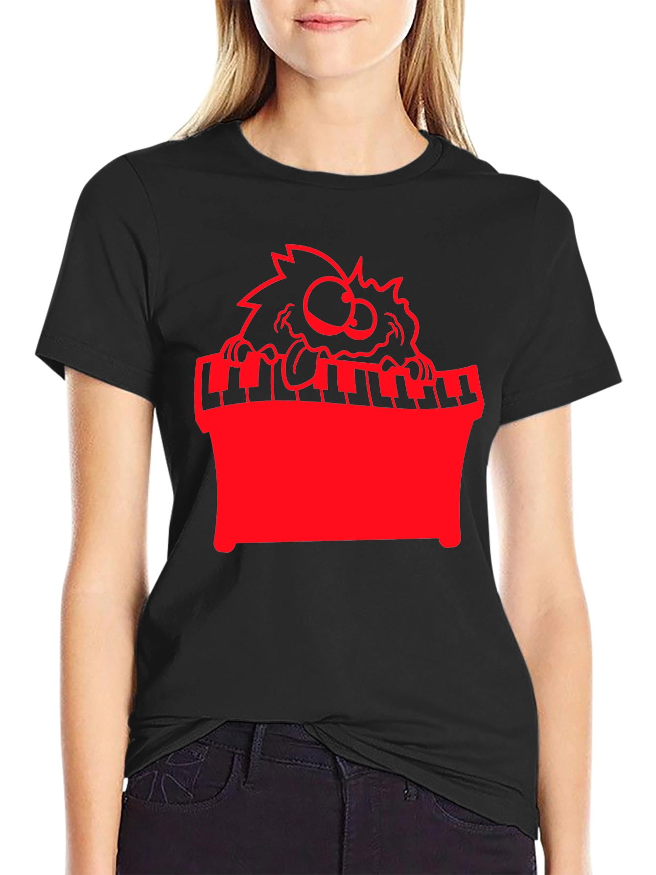 Black Funny Monster Playing Piano Graphic Tee view 2