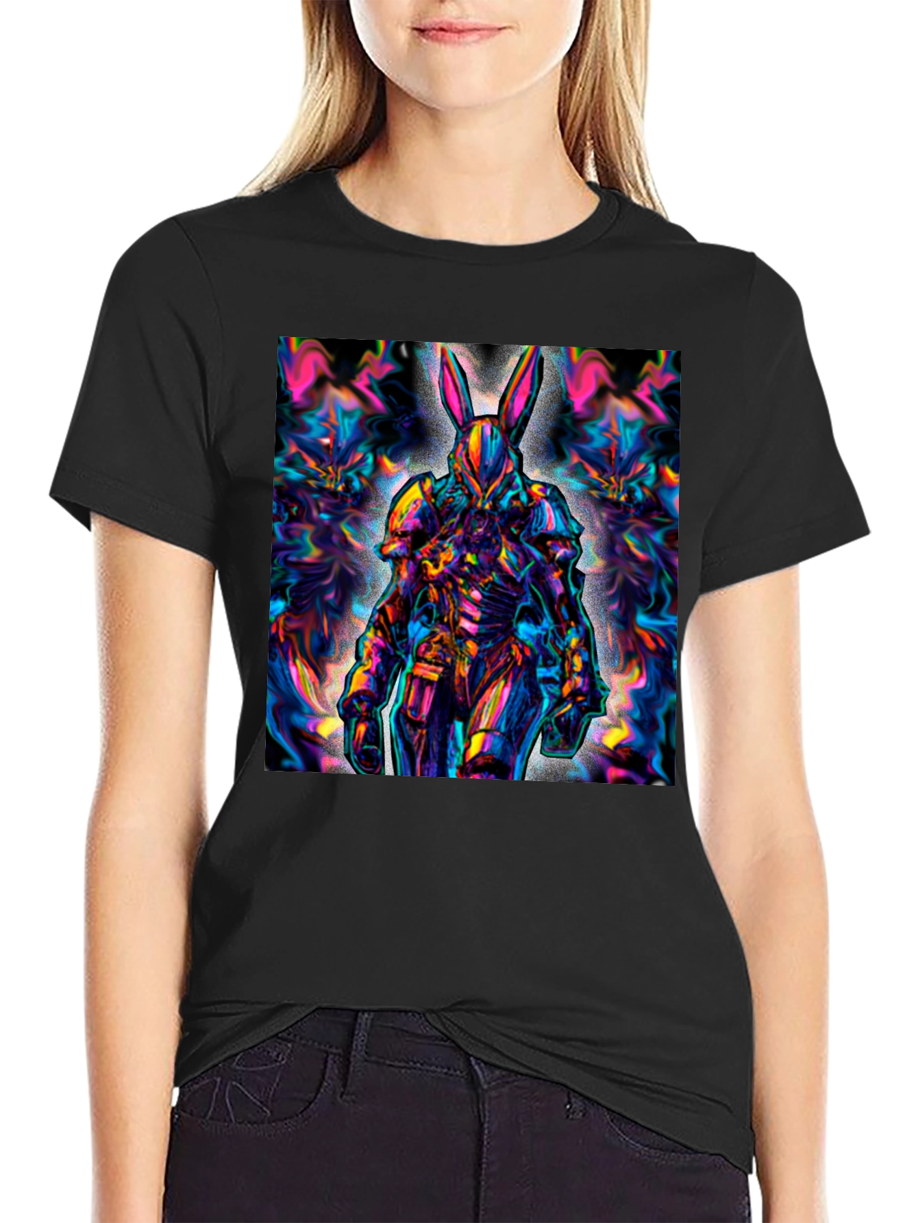 Black Psychedelic Rabbit Warrior Black T-Shirt view 2