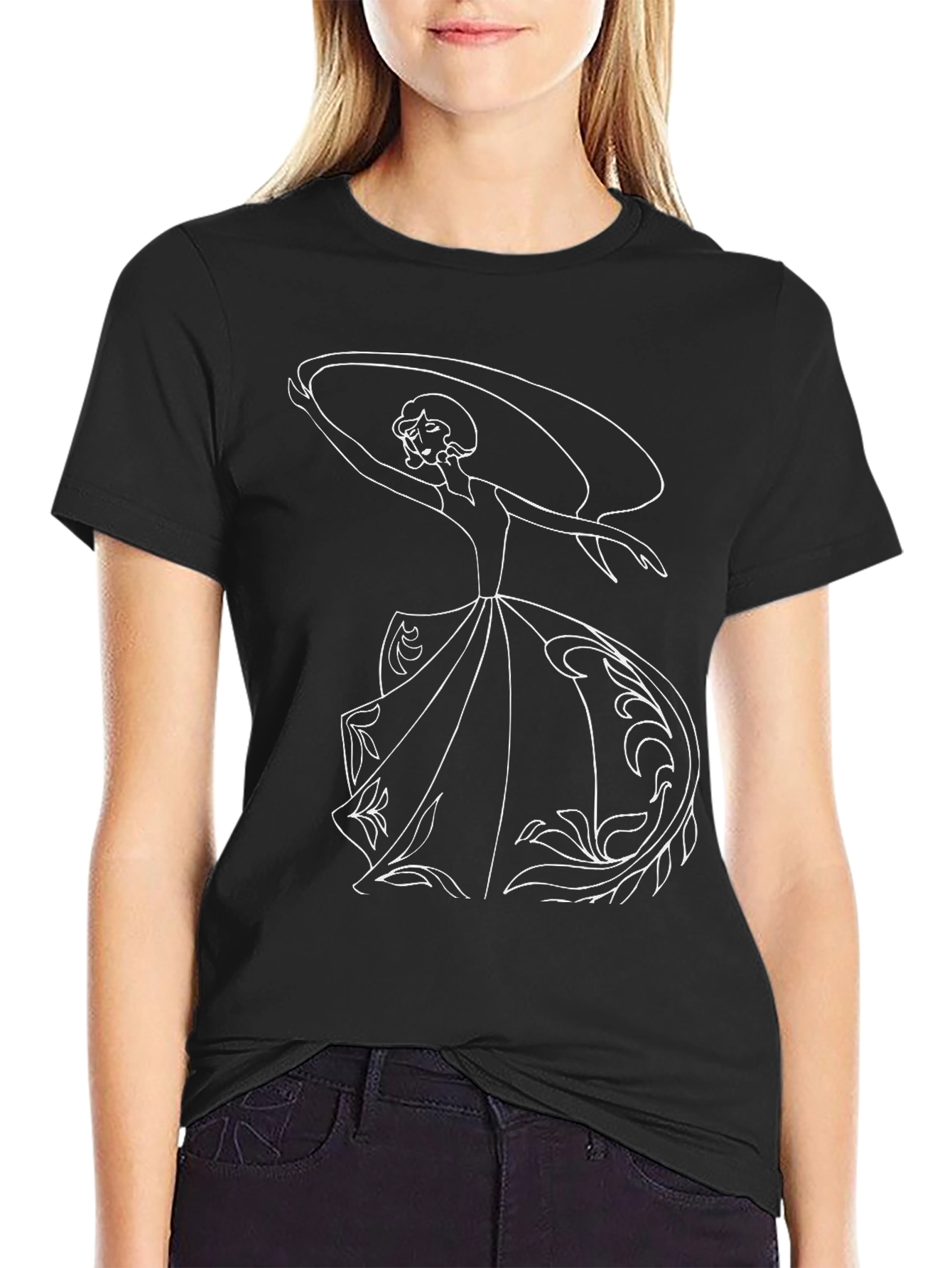 Black Elegant Woman Graphic Tee - Black Cotton T-Shirt view 2