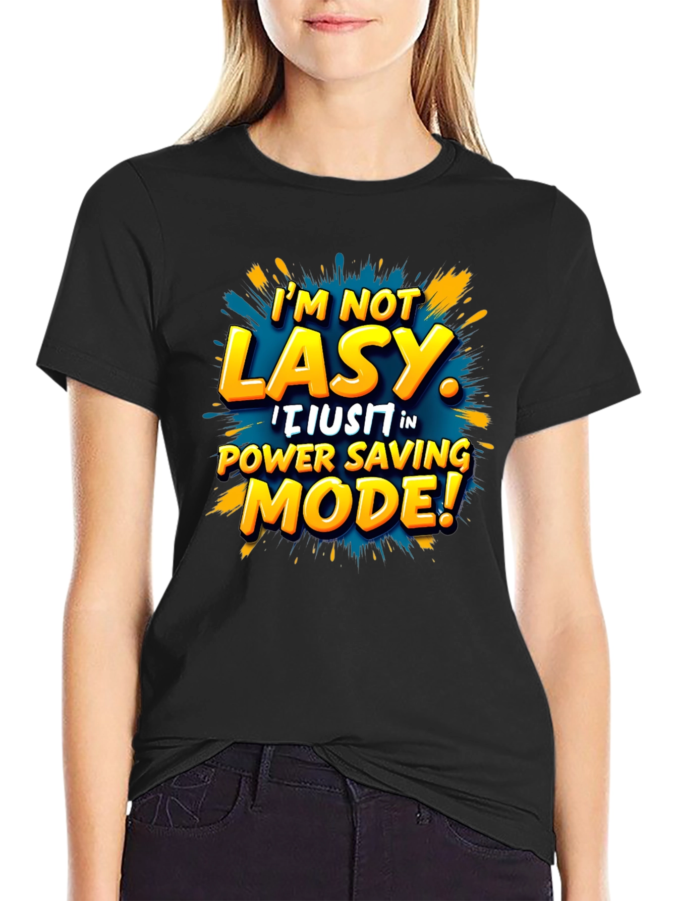 Black Funny Power Saving Mode T-Shirt - Novelty Lazy Joke Tee view 2