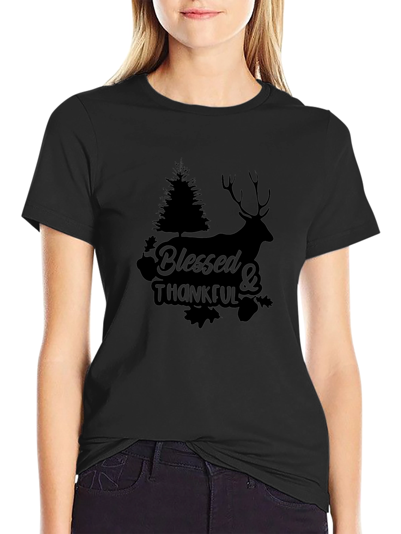 Black Blessed & Thankful Deer Graphic Tee - Black view 2