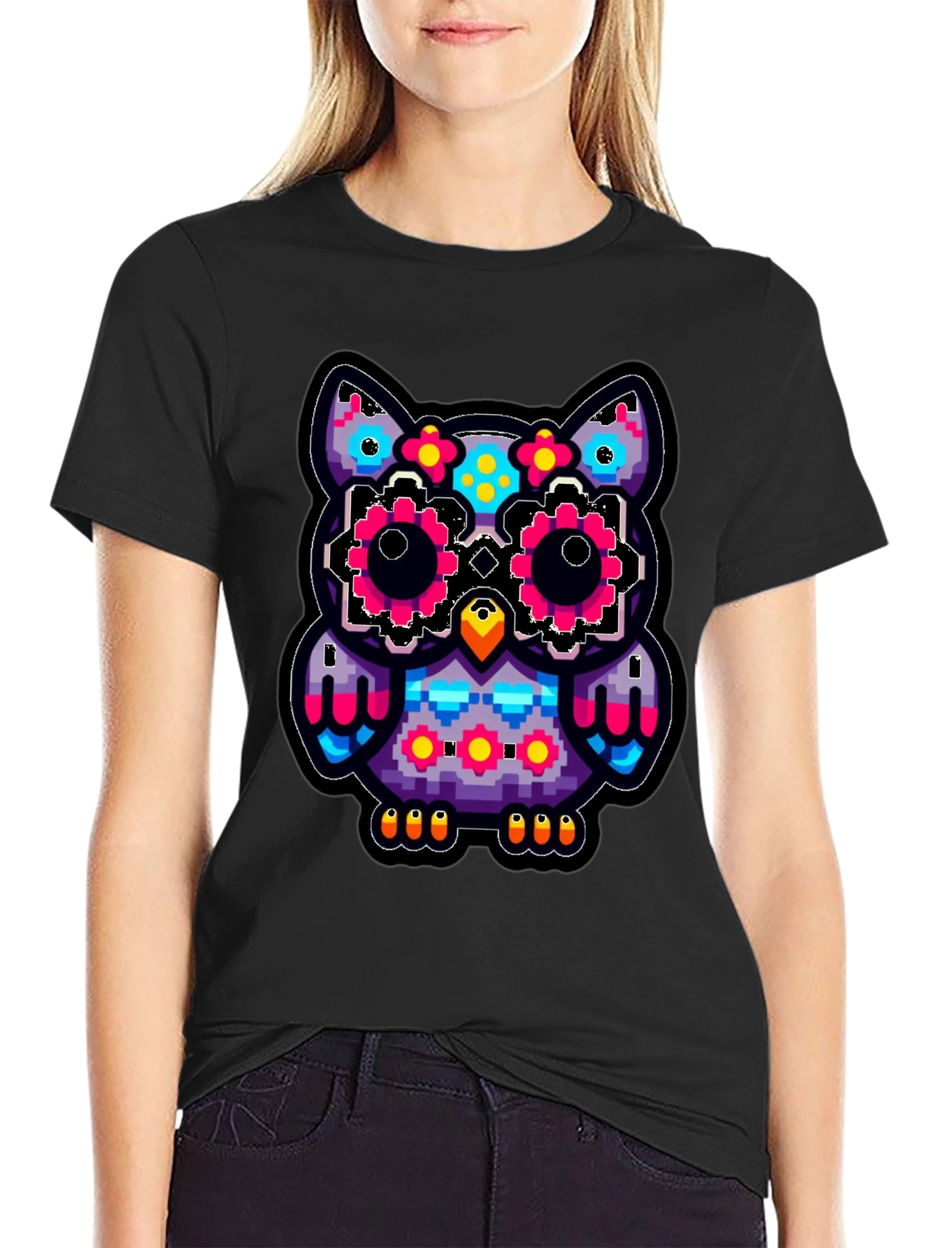 Black Pixel Owl T-Shirt - Colorful Graphic Tee view 2
