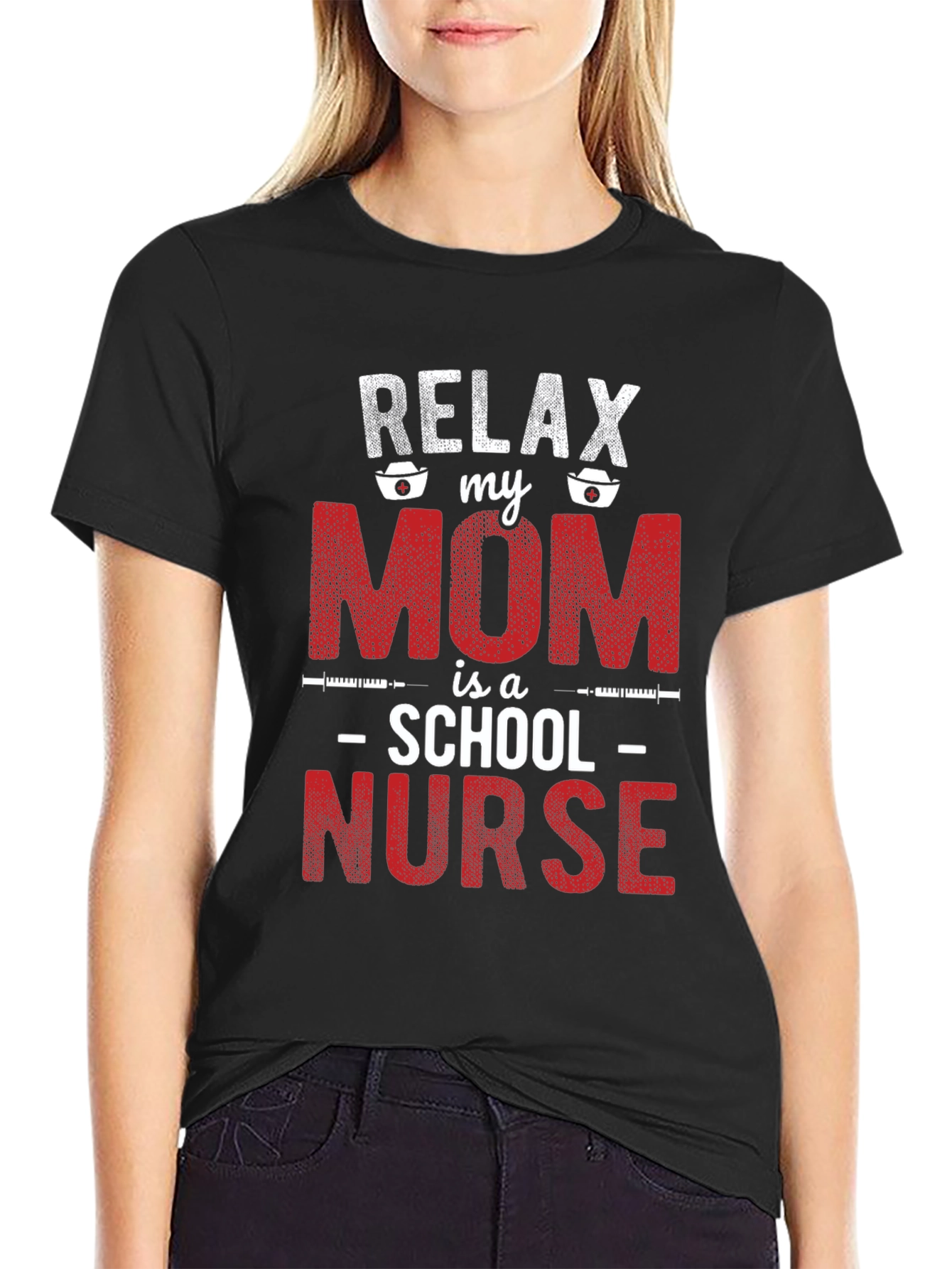 Black Relax My Mom is a School Nurse Graphic Tee view 2
