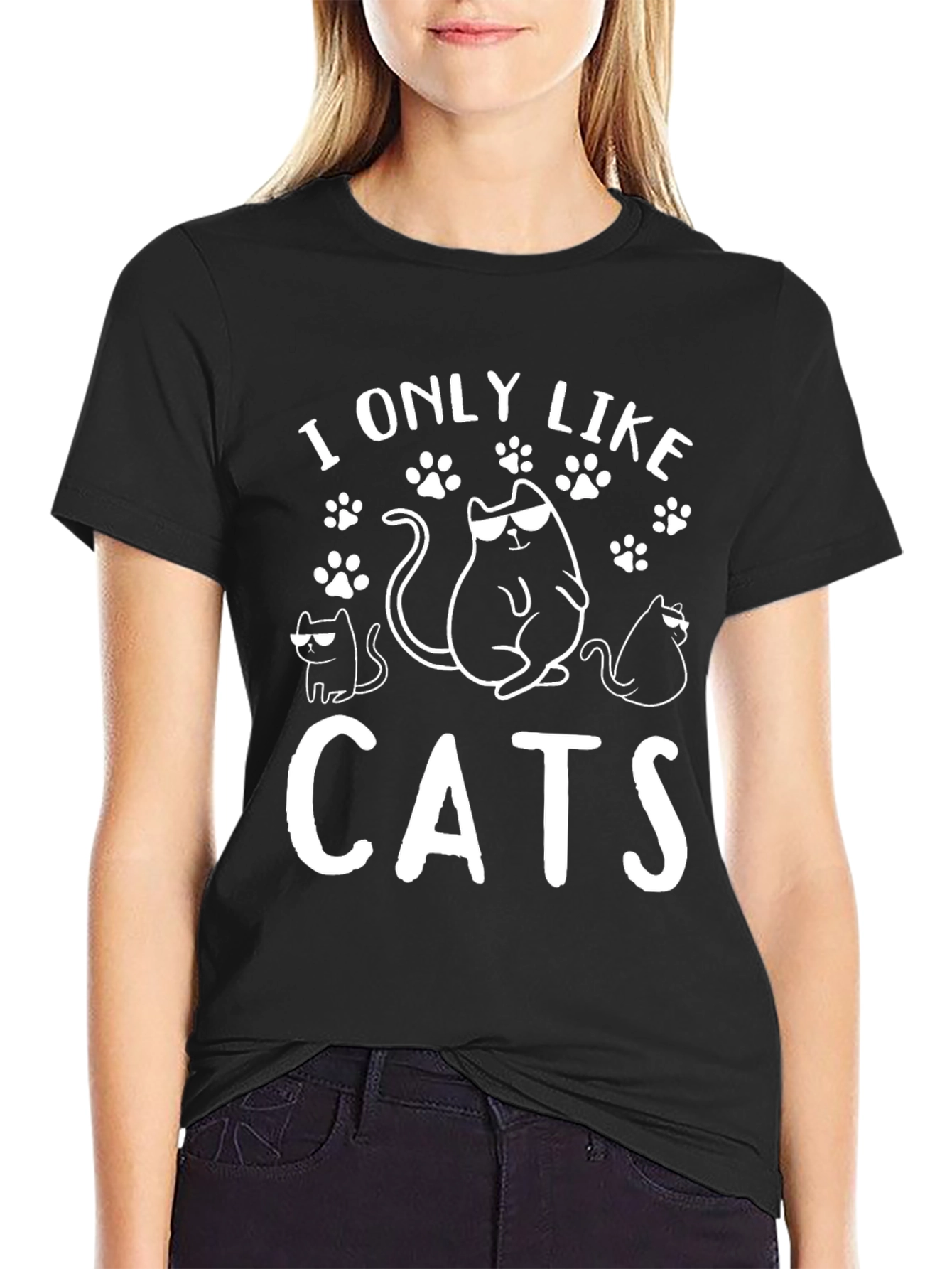 Black I Only Like Cats Graphic Tee - Cool Cat Lover T-Shirt view 2