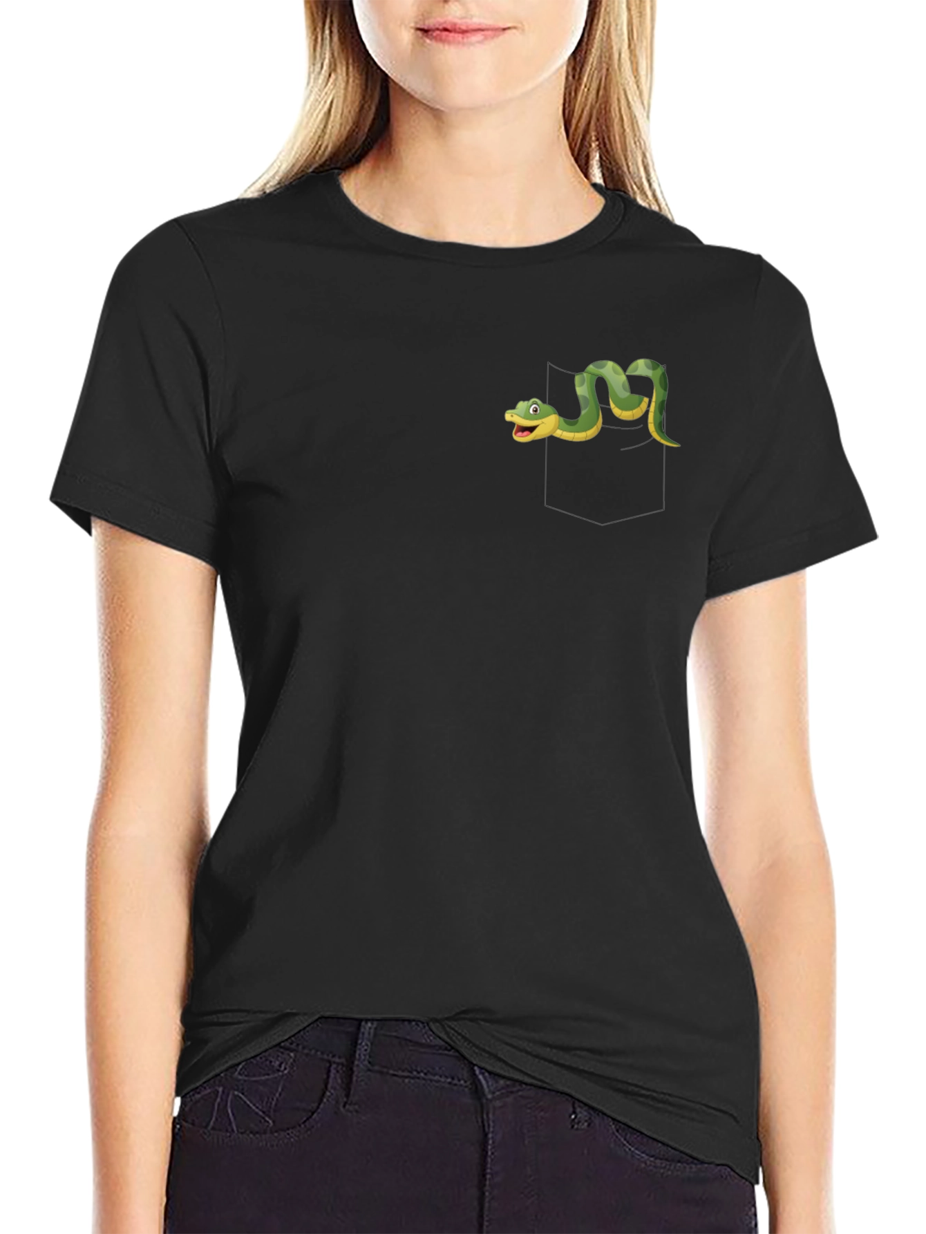 Black Black T-Shirt with Cartoon Snake Design view 2
