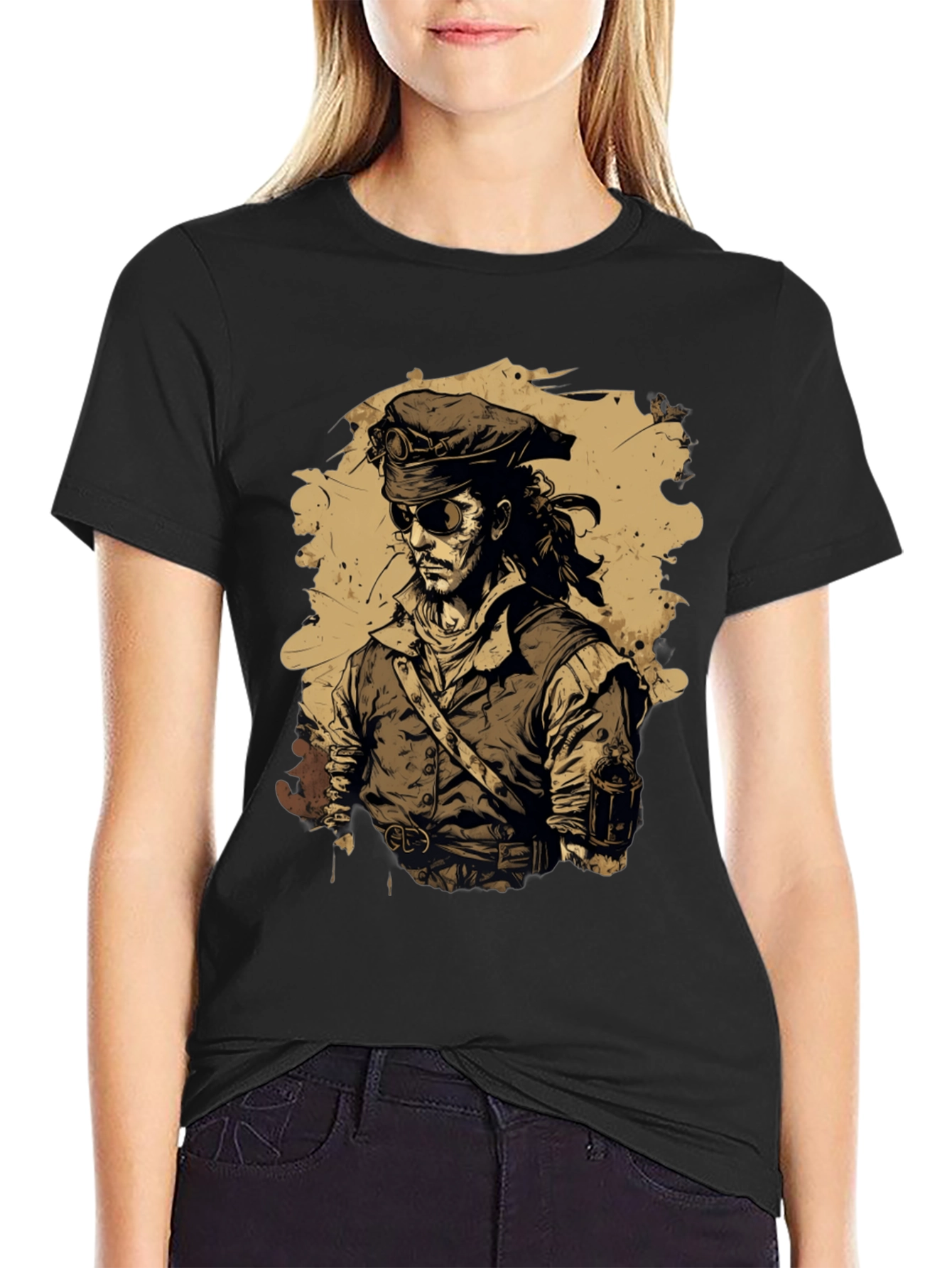 Black Steampunk Pirate Graphic T-Shirt view 2