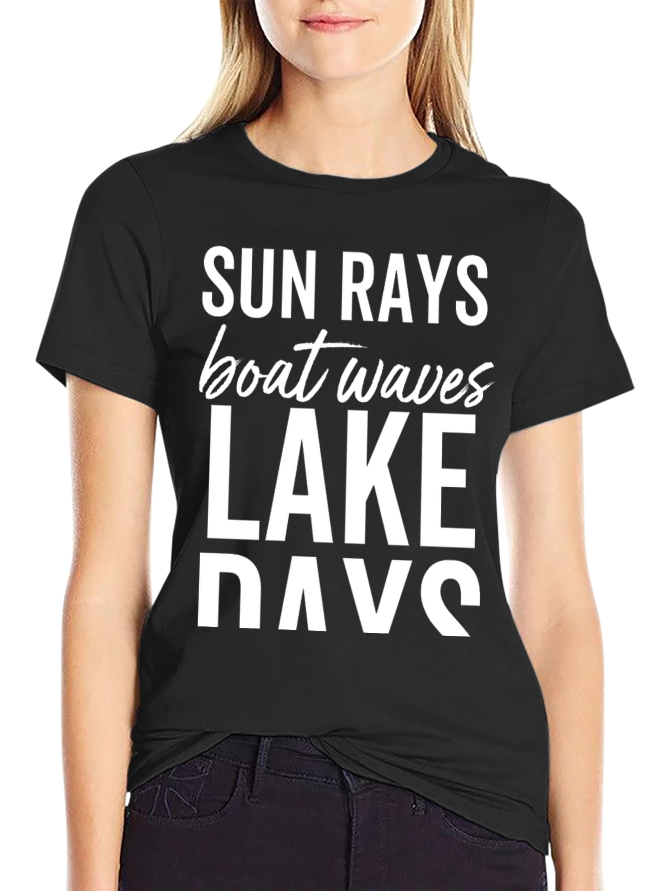 Black Sun Rays Boat Waves Lake Days Black T-Shirt view 2