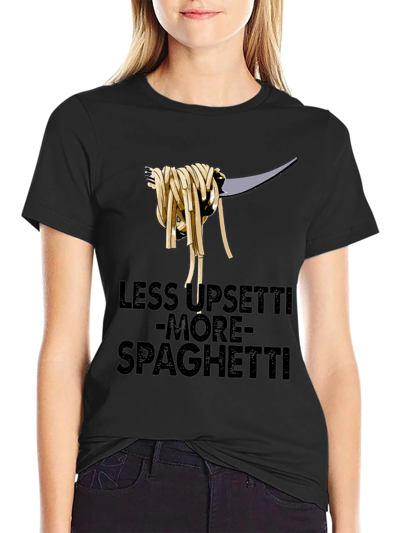 Black Less upsetti more spaghetti t-shirt view 2