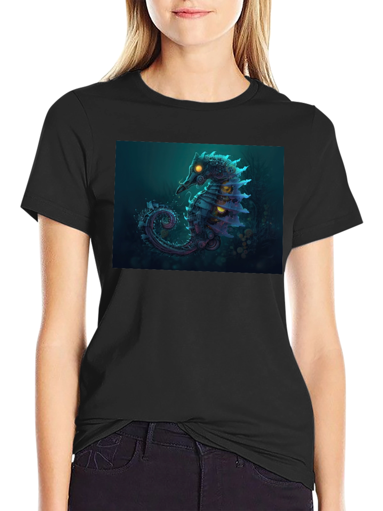 Black Steampunk Seahorse Graphic Tee view 2